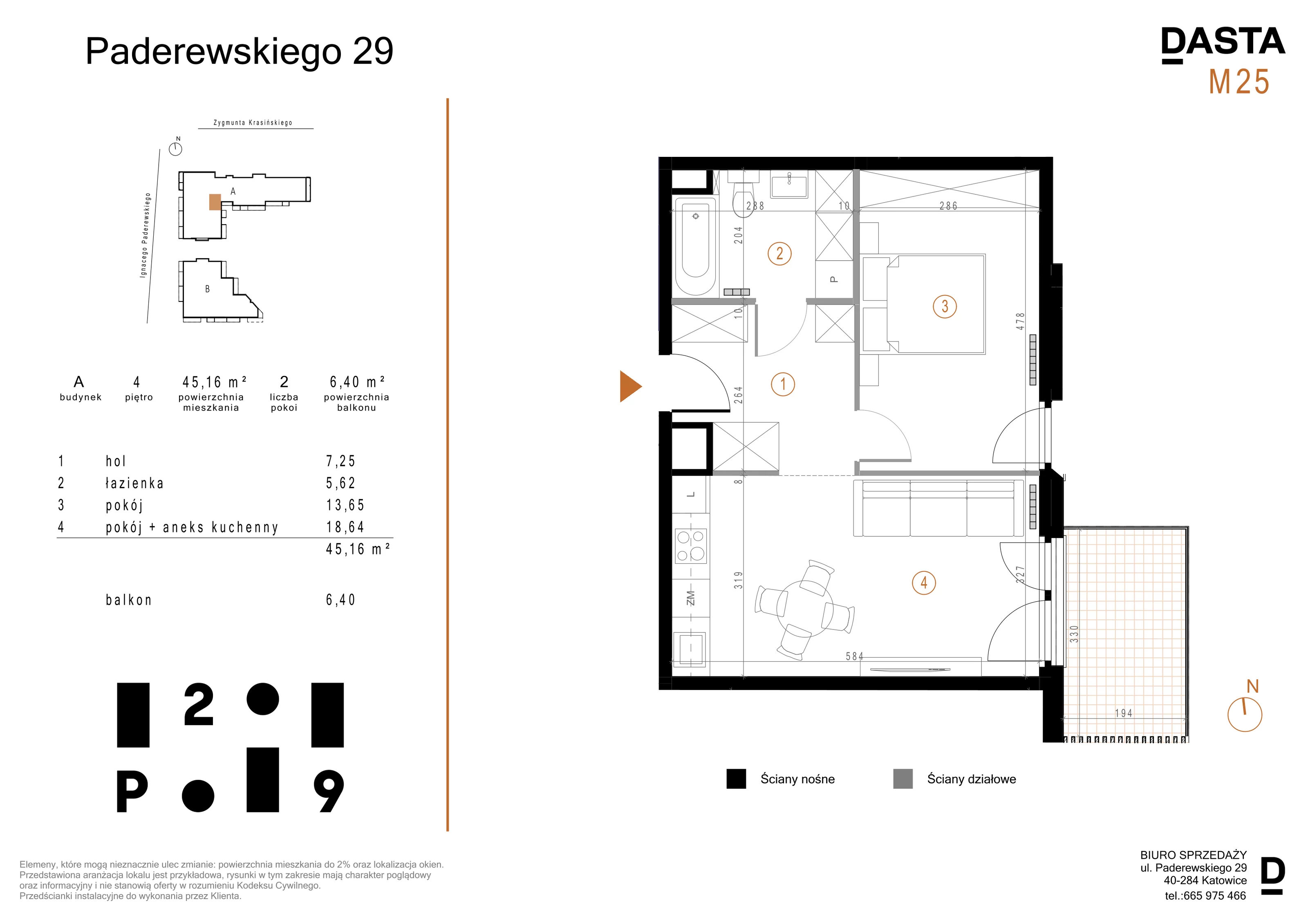 2 pokoje, mieszkanie 45,16 m², piętro 4, oferta nr A25, Paderewskiego 29, Katowice, Osiedle Paderewskiego-Muchowiec, Dolina Trzech Stawów, ul. Ignacego Paderewskiego 29