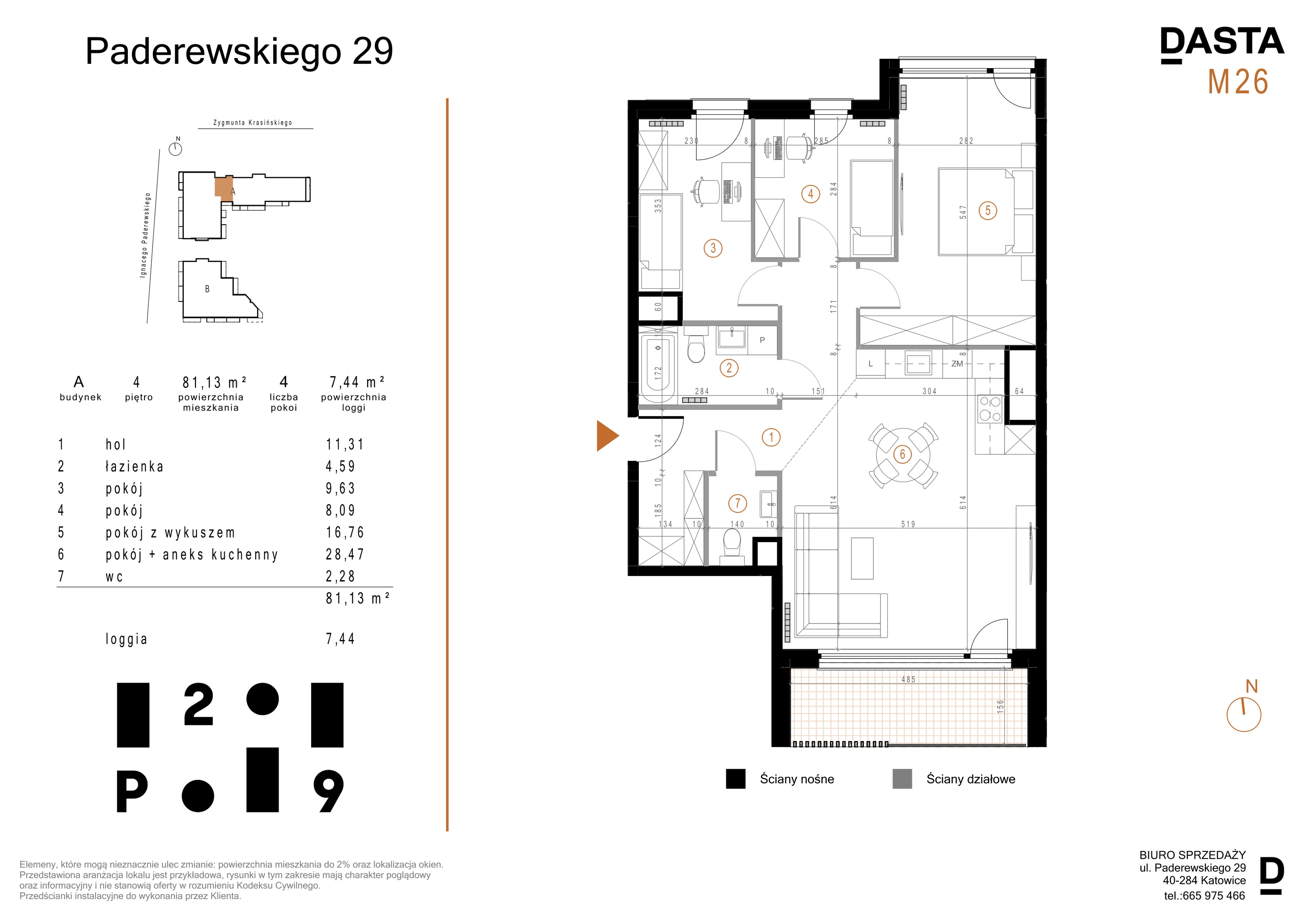 4 pokoje, mieszkanie 81,13 m², piętro 4, oferta nr A26, Paderewskiego 29, Katowice, Osiedle Paderewskiego-Muchowiec, Dolina Trzech Stawów, ul. Ignacego Paderewskiego 29