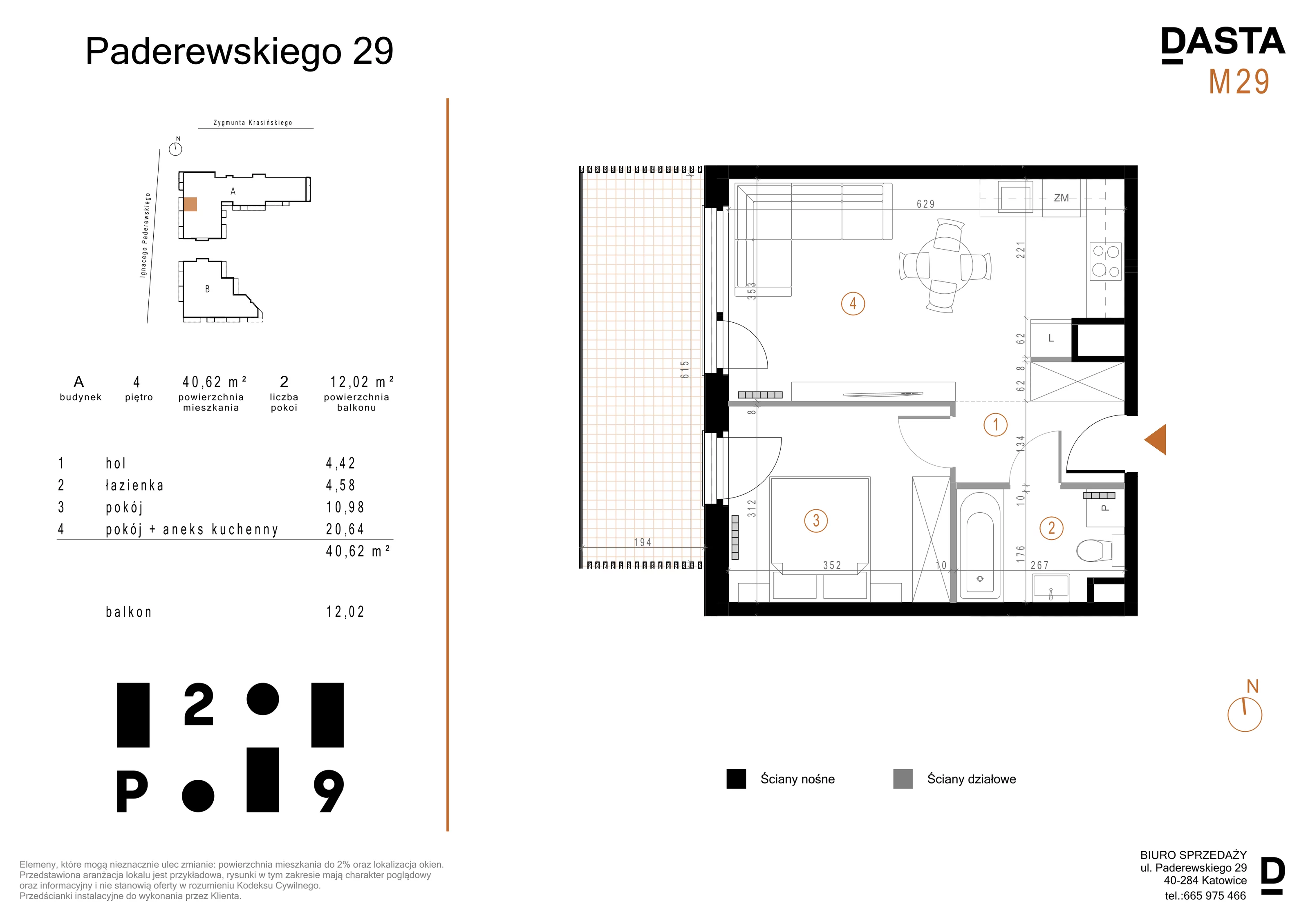 2 pokoje, mieszkanie 40,62 m², piętro 4, oferta nr A29, Paderewskiego 29, Katowice, Osiedle Paderewskiego-Muchowiec, Dolina Trzech Stawów, ul. Ignacego Paderewskiego 29