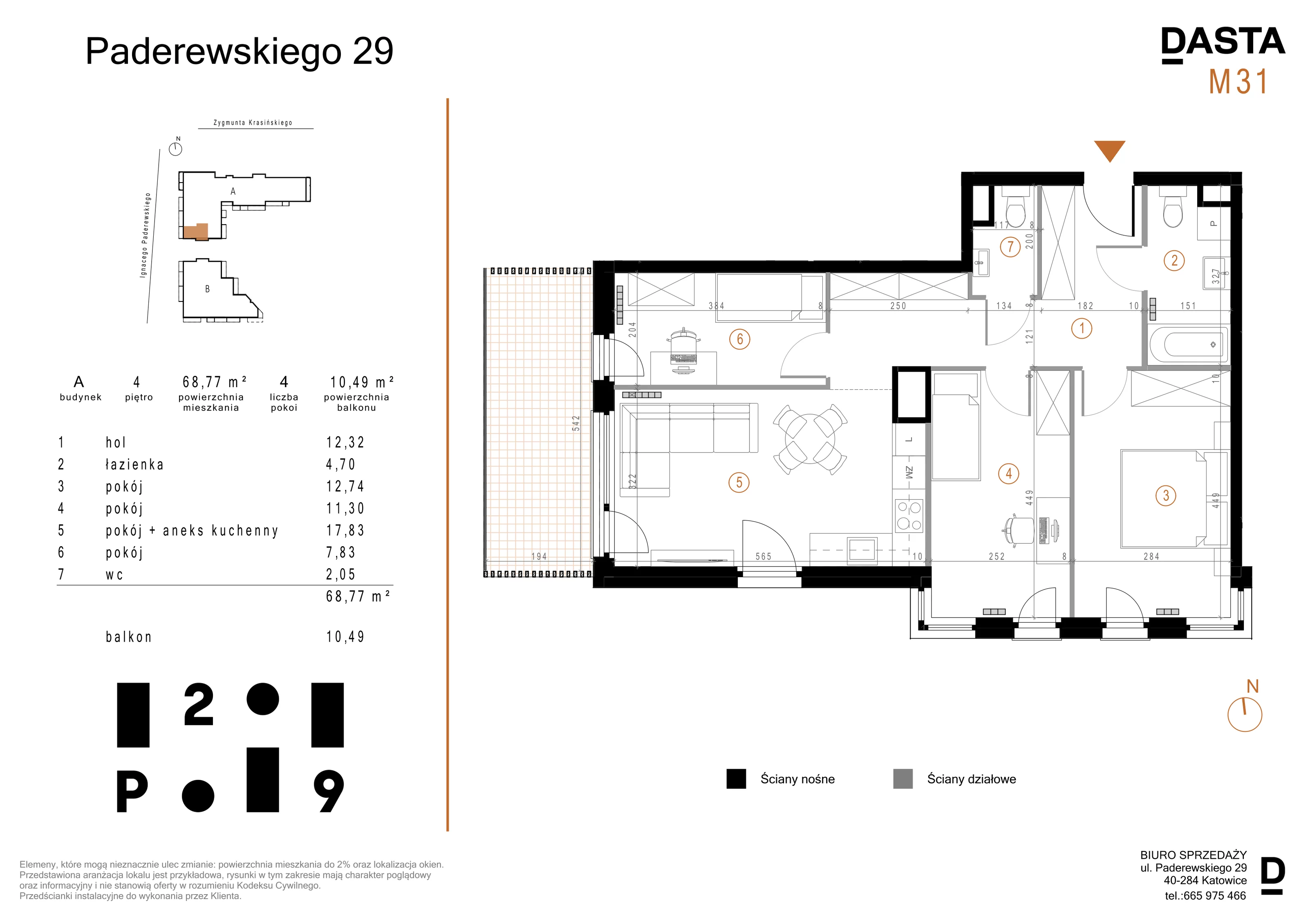 4 pokoje, mieszkanie 68,77 m², piętro 4, oferta nr A31, Paderewskiego 29, Katowice, Osiedle Paderewskiego-Muchowiec, Dolina Trzech Stawów, ul. Ignacego Paderewskiego 29