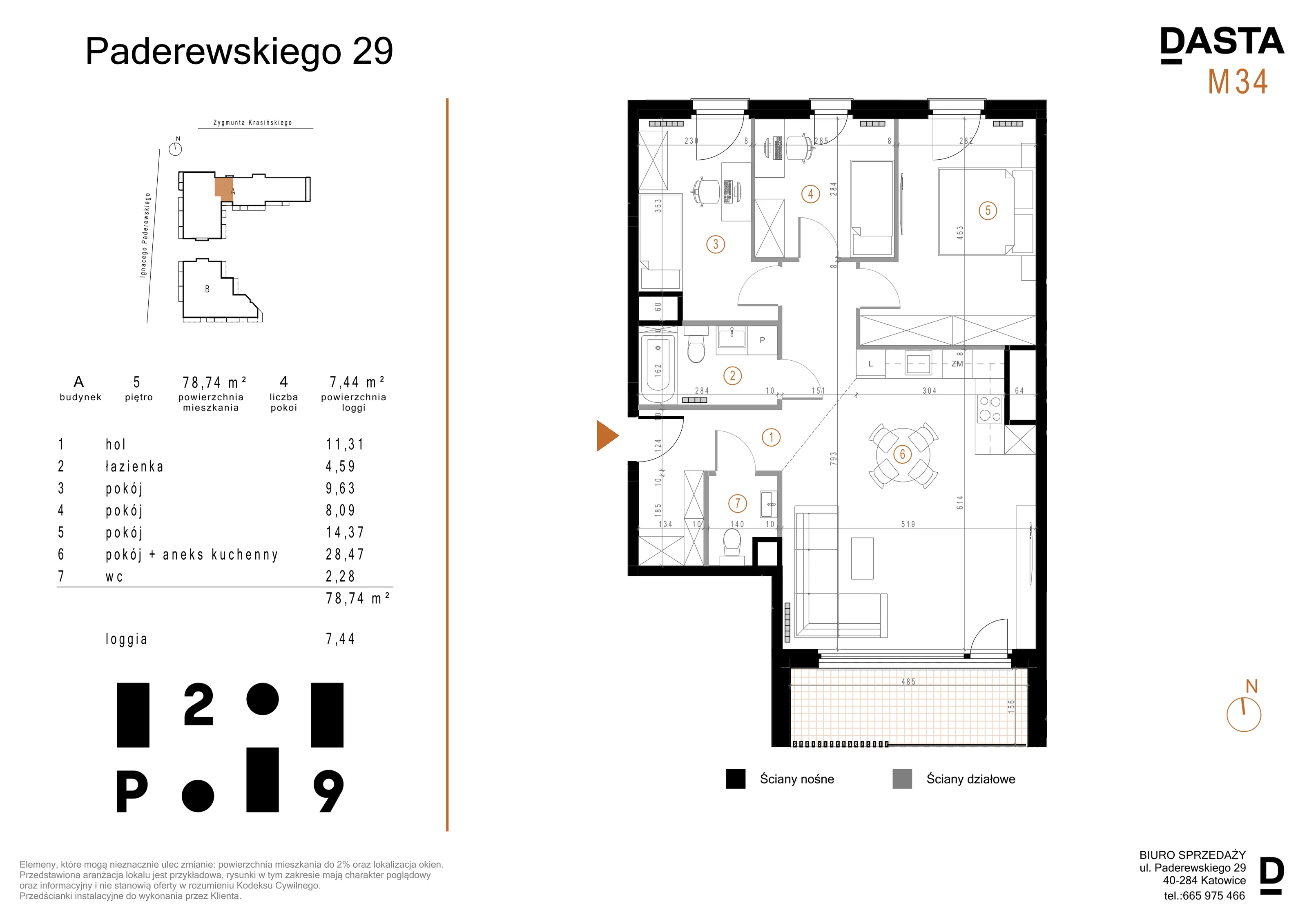 4 pokoje, mieszkanie 78,74 m², piętro 5, oferta nr A34, Paderewskiego 29, Katowice, Osiedle Paderewskiego-Muchowiec, Dolina Trzech Stawów, ul. Ignacego Paderewskiego 29