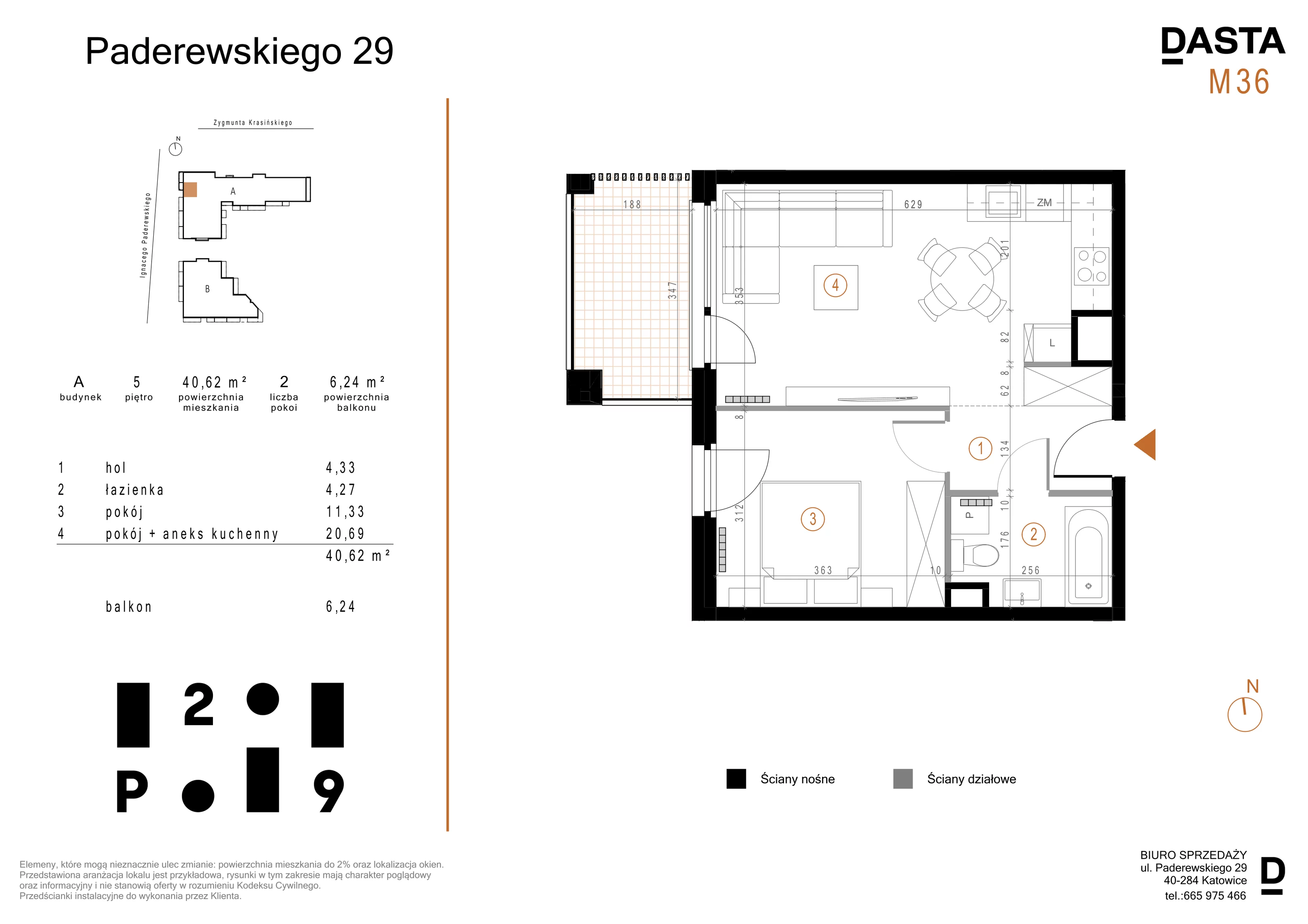 2 pokoje, mieszkanie 40,62 m², piętro 5, oferta nr A36, Paderewskiego 29, Katowice, Osiedle Paderewskiego-Muchowiec, Dolina Trzech Stawów, ul. Ignacego Paderewskiego 29