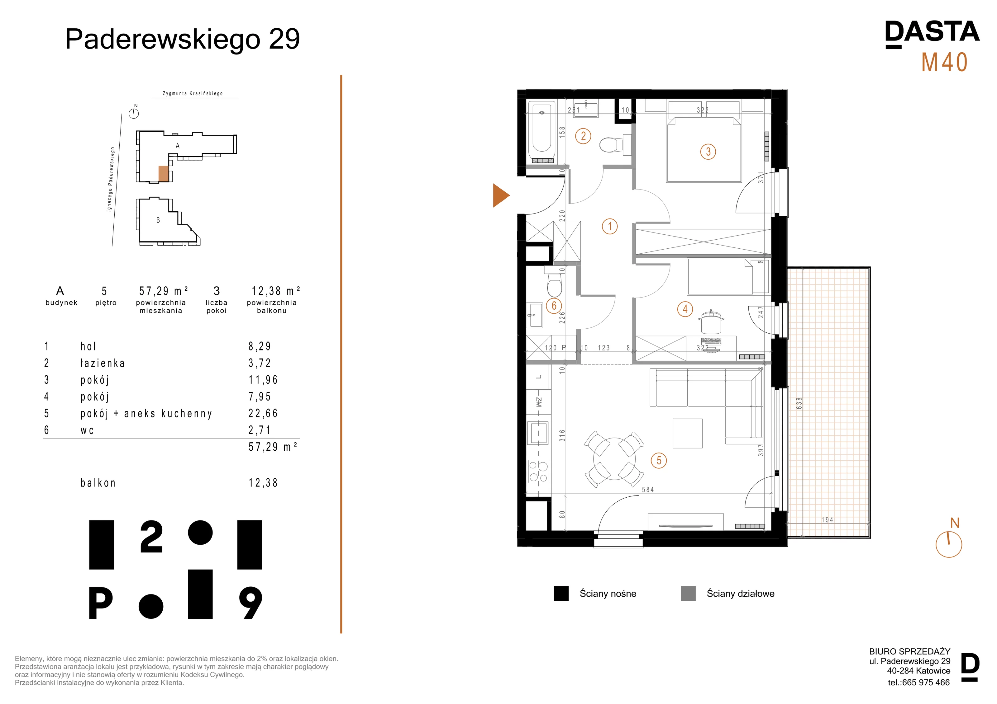 3 pokoje, mieszkanie 57,29 m², piętro 5, oferta nr A40, Paderewskiego 29, Katowice, Osiedle Paderewskiego-Muchowiec, Dolina Trzech Stawów, ul. Ignacego Paderewskiego 29