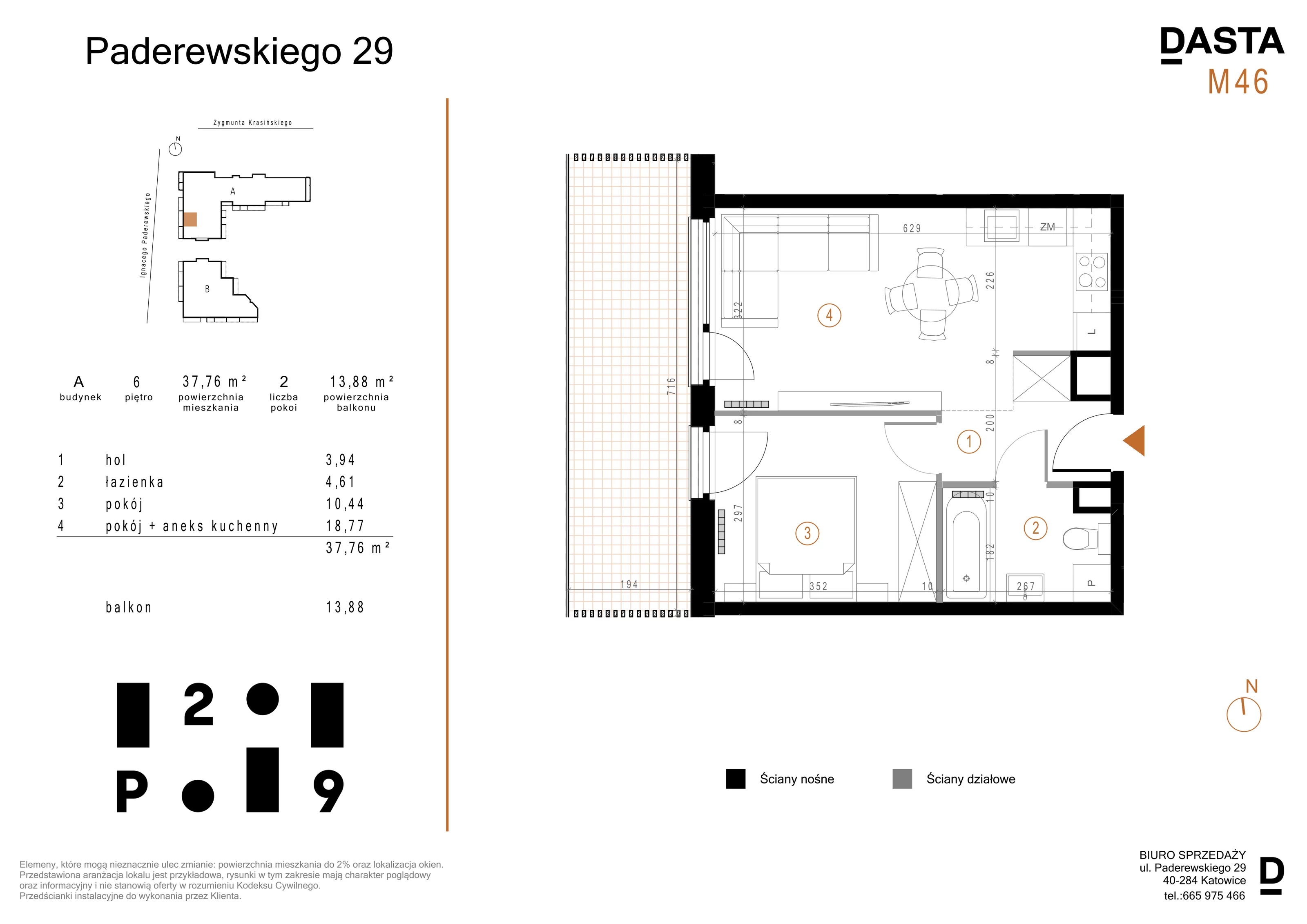 2 pokoje, mieszkanie 37,76 m², piętro 6, oferta nr A46, Paderewskiego 29, Katowice, Osiedle Paderewskiego-Muchowiec, Dolina Trzech Stawów, ul. Ignacego Paderewskiego 29