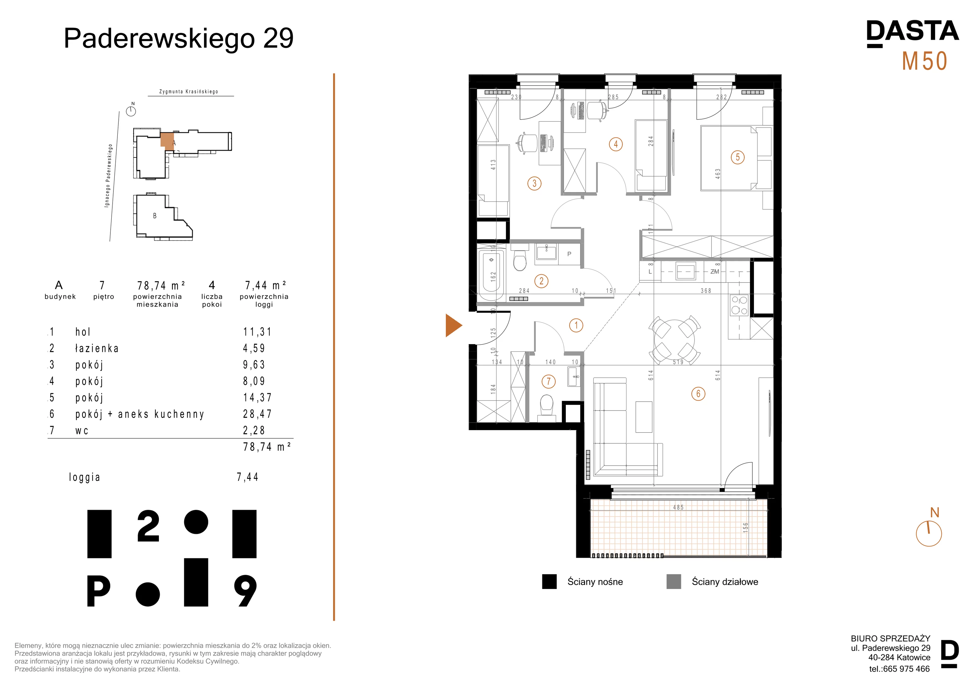 4 pokoje, mieszkanie 78,74 m², piętro 7, oferta nr A50, Paderewskiego 29, Katowice, Osiedle Paderewskiego-Muchowiec, Dolina Trzech Stawów, ul. Ignacego Paderewskiego 29