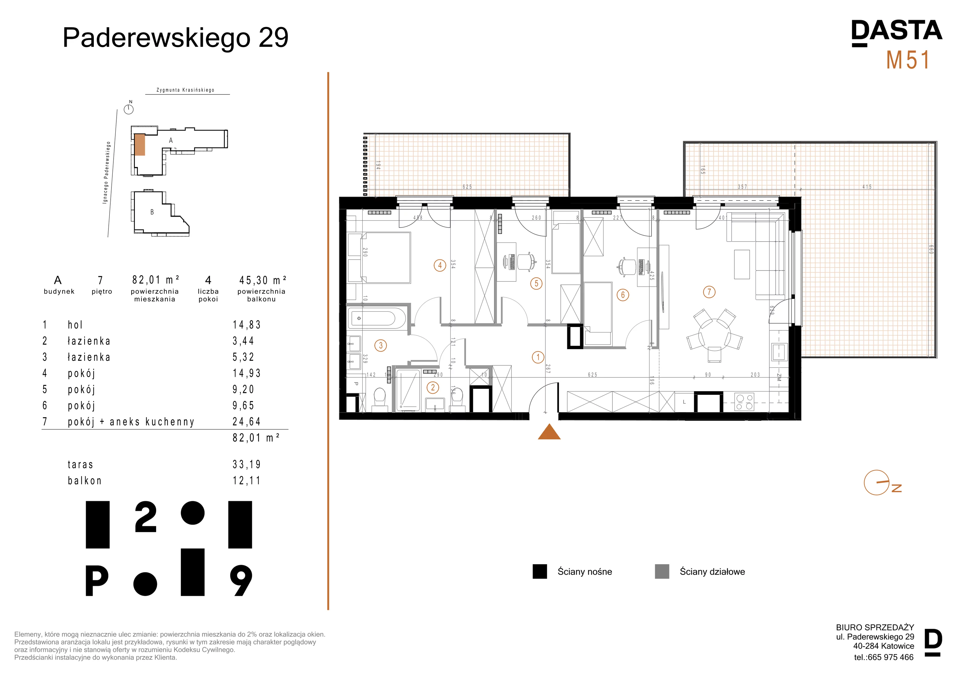 4 pokoje, mieszkanie 82,01 m², piętro 7, oferta nr A51, Paderewskiego 29, Katowice, Osiedle Paderewskiego-Muchowiec, Dolina Trzech Stawów, ul. Ignacego Paderewskiego 29