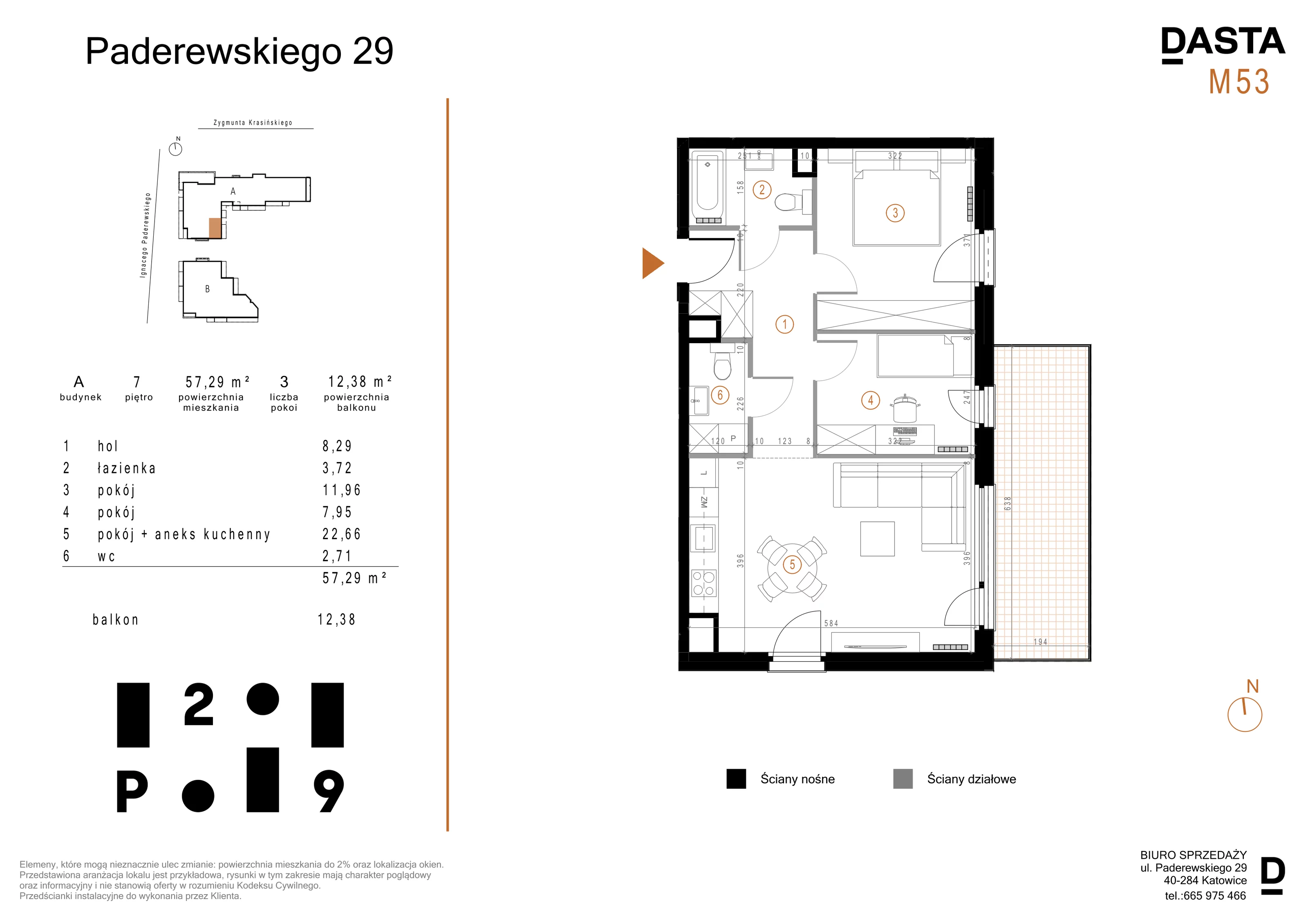 3 pokoje, mieszkanie 57,29 m², piętro 7, oferta nr A53, Paderewskiego 29, Katowice, Osiedle Paderewskiego-Muchowiec, Dolina Trzech Stawów, ul. Ignacego Paderewskiego 29