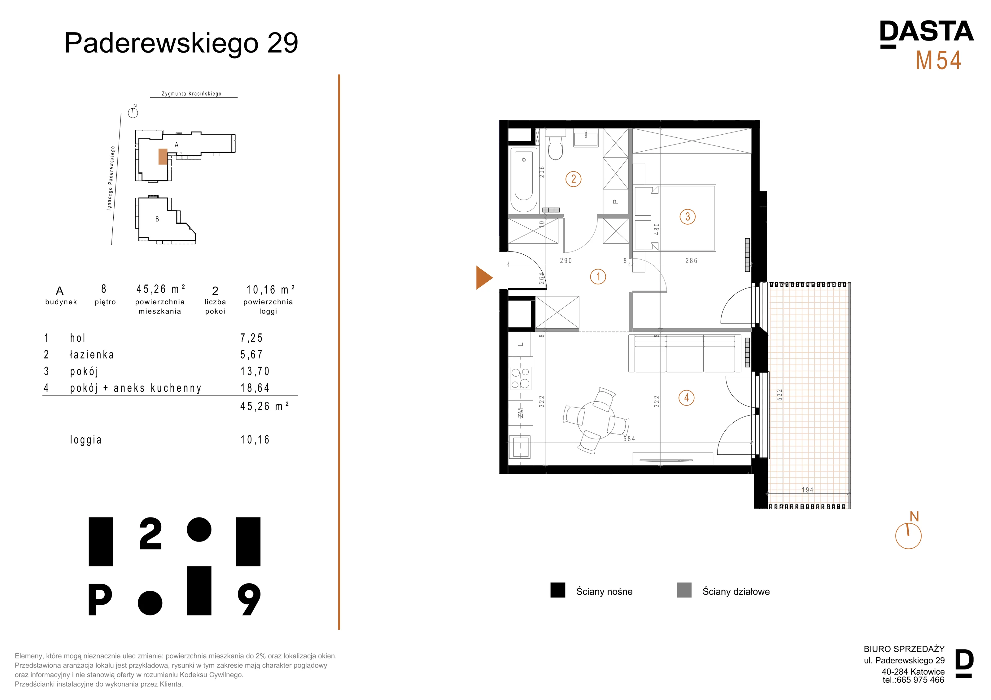 2 pokoje, mieszkanie 45,16 m², piętro 8, oferta nr A54, Paderewskiego 29, Katowice, Osiedle Paderewskiego-Muchowiec, Dolina Trzech Stawów, ul. Ignacego Paderewskiego 29