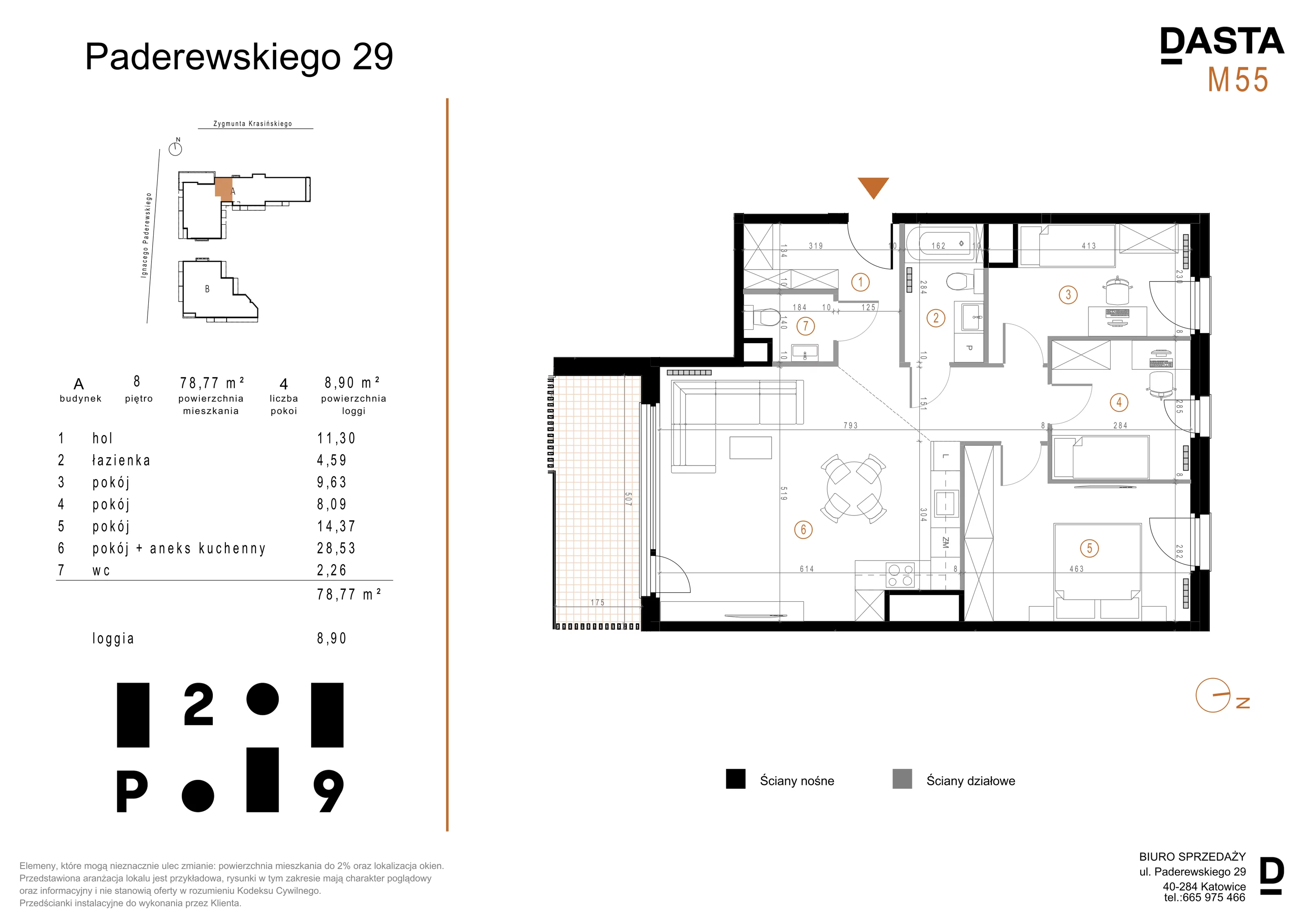 4 pokoje, mieszkanie 78,74 m², piętro 8, oferta nr A55, Paderewskiego 29, Katowice, Osiedle Paderewskiego-Muchowiec, Dolina Trzech Stawów, ul. Ignacego Paderewskiego 29