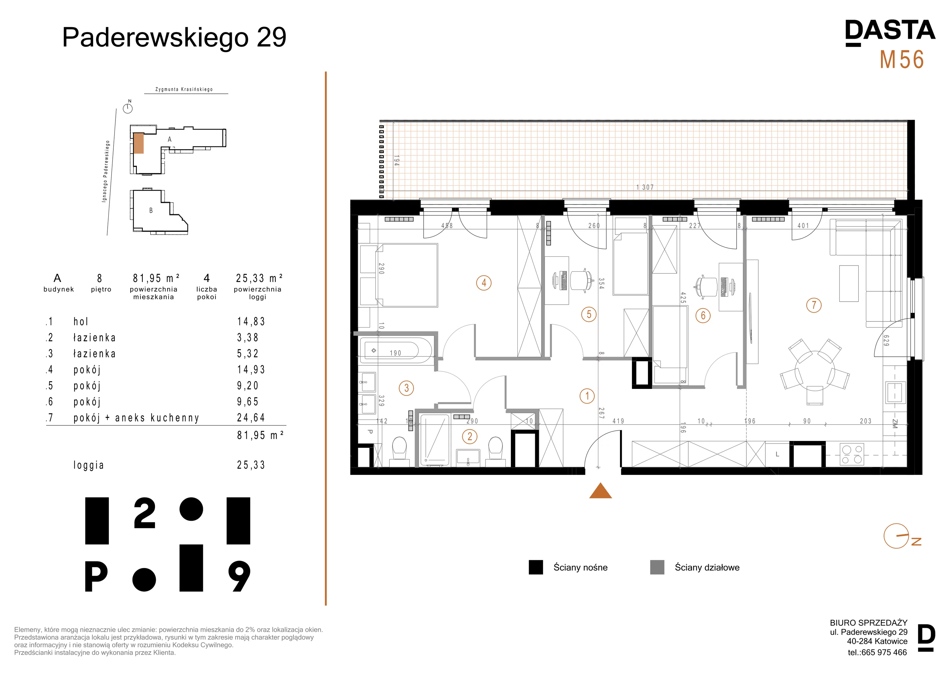 4 pokoje, mieszkanie 82,01 m², piętro 8, oferta nr A56, Paderewskiego 29, Katowice, Osiedle Paderewskiego-Muchowiec, Dolina Trzech Stawów, ul. Ignacego Paderewskiego 29