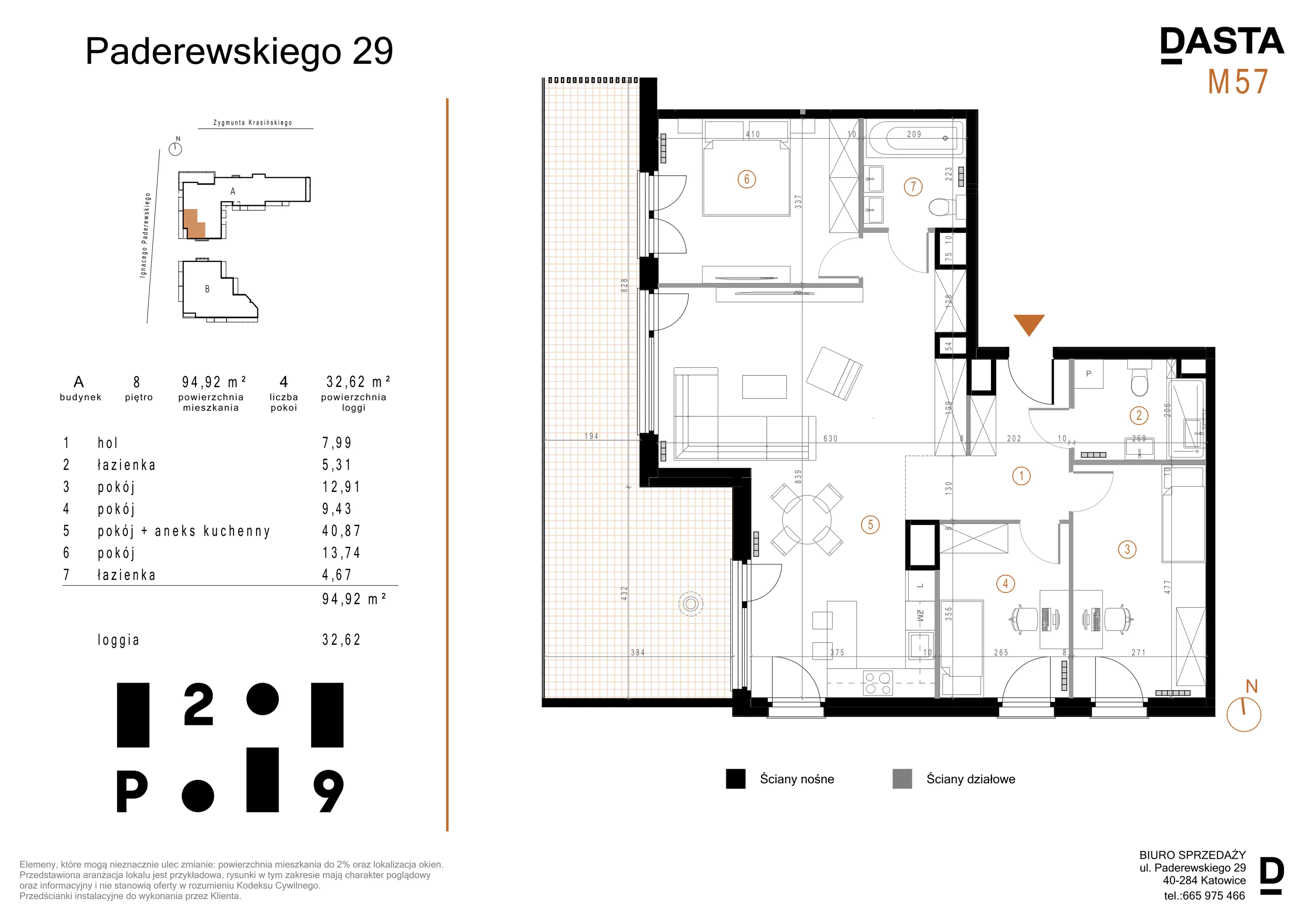 4 pokoje, mieszkanie 94,92 m², piętro 8, oferta nr A57, Paderewskiego 29, Katowice, Osiedle Paderewskiego-Muchowiec, Dolina Trzech Stawów, ul. Ignacego Paderewskiego 29