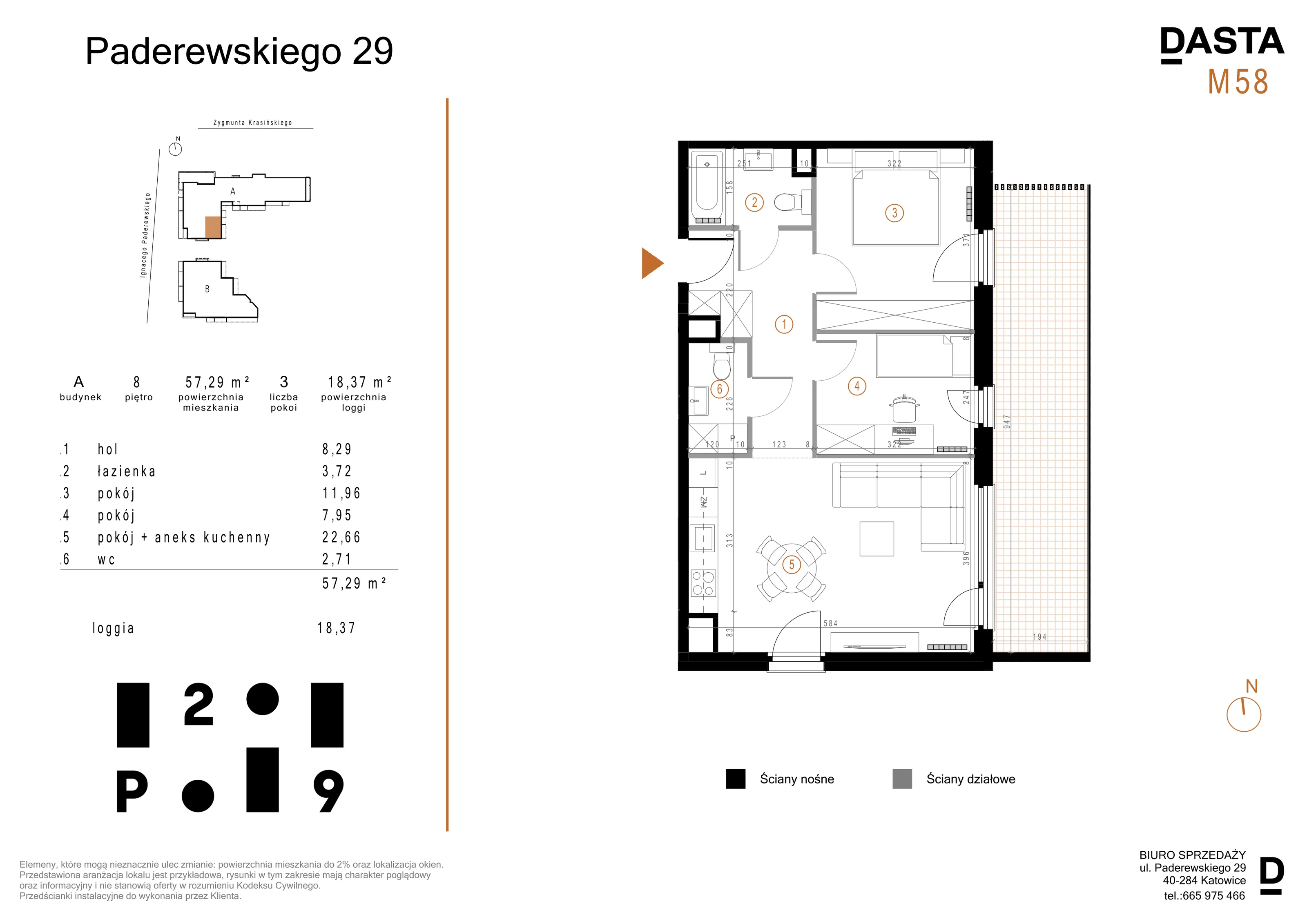 3 pokoje, mieszkanie 57,29 m², piętro 8, oferta nr A58, Paderewskiego 29, Katowice, Osiedle Paderewskiego-Muchowiec, Dolina Trzech Stawów, ul. Ignacego Paderewskiego 29