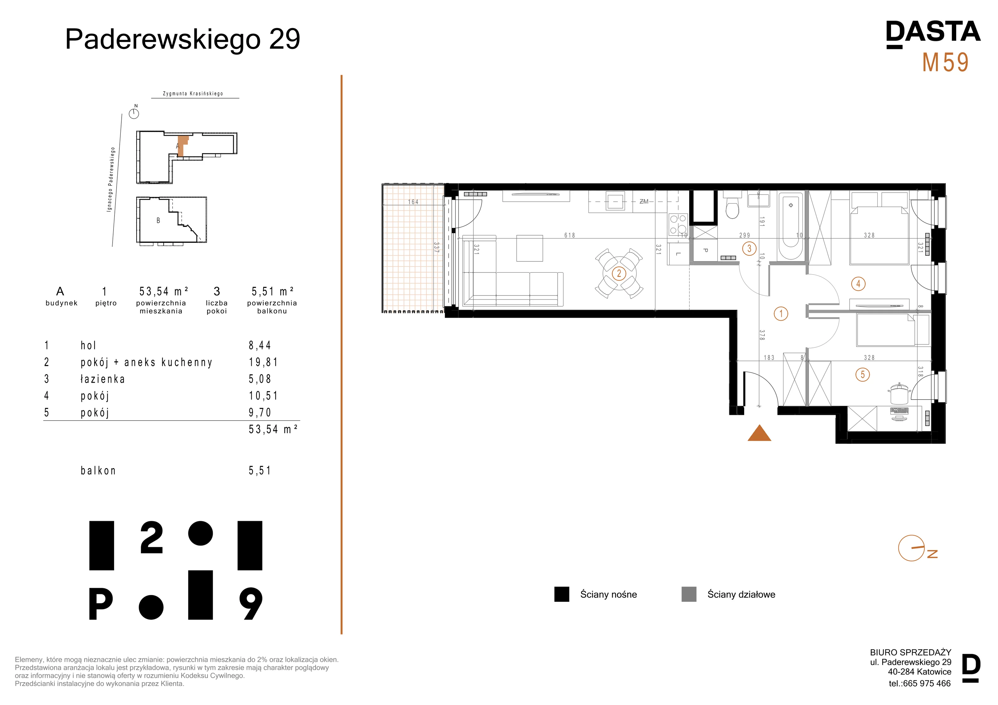 3 pokoje, mieszkanie 53,54 m², piętro 1, oferta nr A59, Paderewskiego 29, Katowice, Osiedle Paderewskiego-Muchowiec, Dolina Trzech Stawów, ul. Ignacego Paderewskiego 29