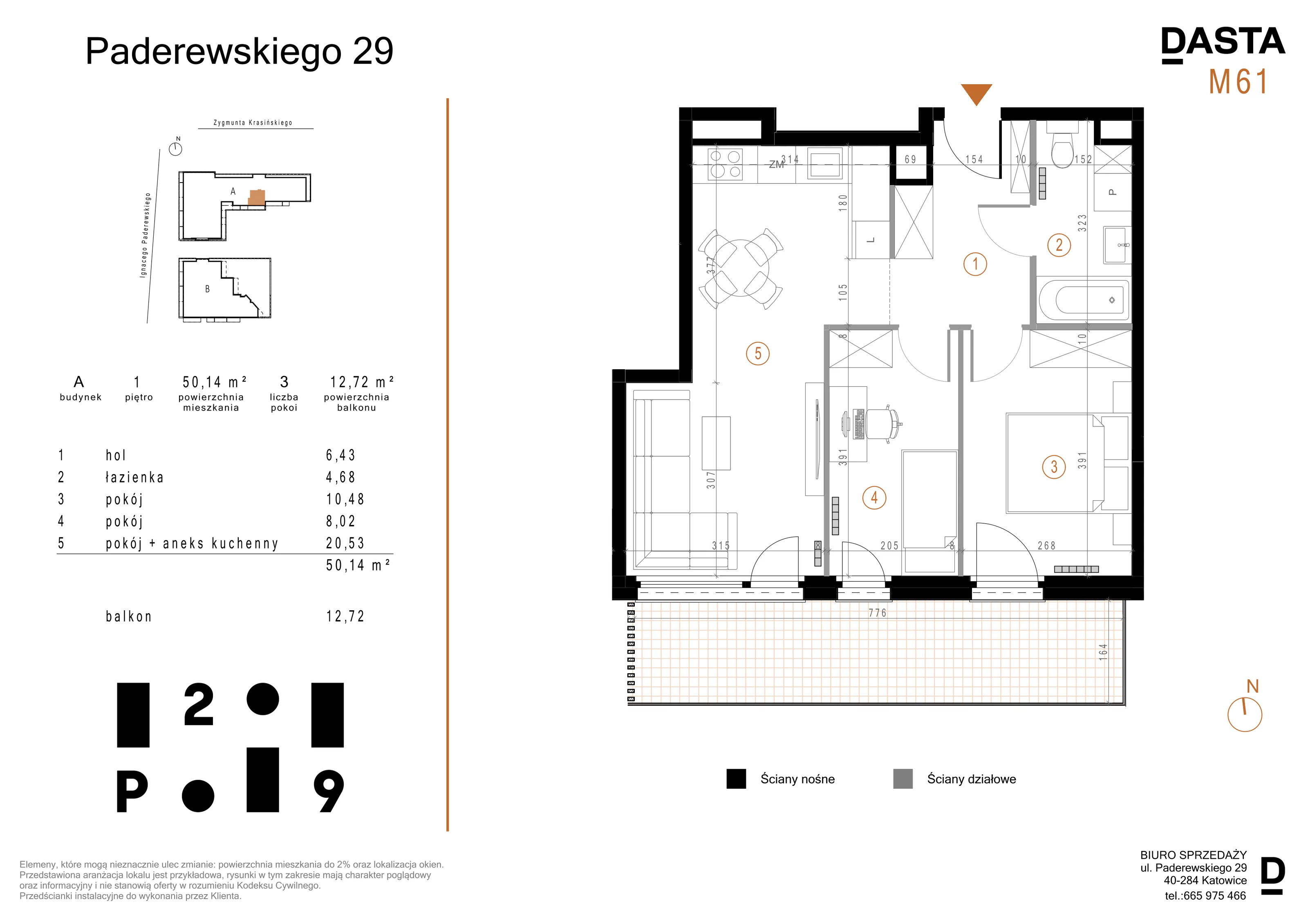 3 pokoje, mieszkanie 50,14 m², piętro 1, oferta nr A61, Paderewskiego 29, Katowice, Osiedle Paderewskiego-Muchowiec, Dolina Trzech Stawów, ul. Ignacego Paderewskiego 29