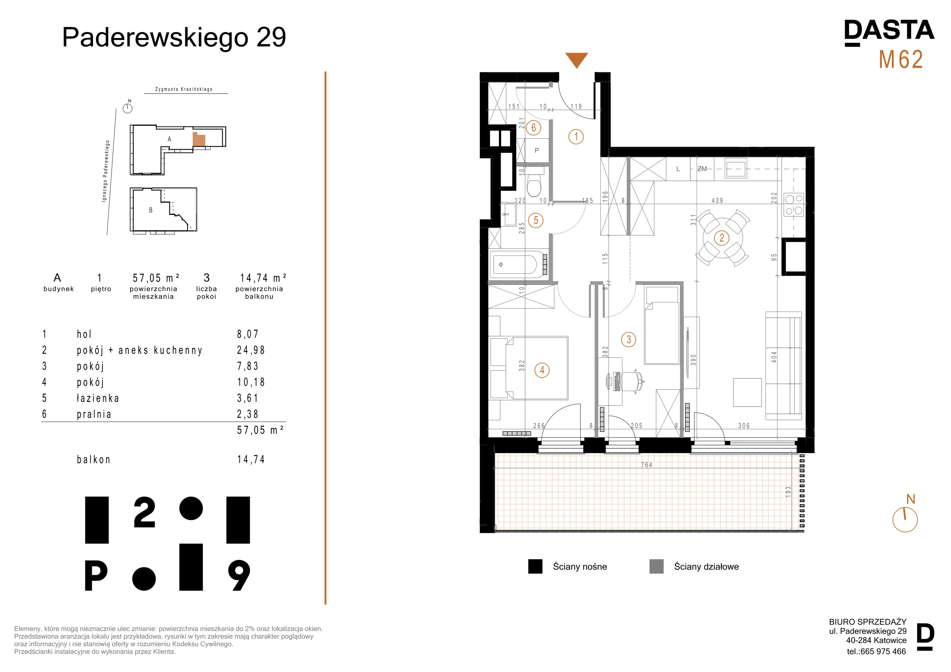 3 pokoje, mieszkanie 57,05 m², piętro 1, oferta nr A62, Paderewskiego 29, Katowice, Osiedle Paderewskiego-Muchowiec, Dolina Trzech Stawów, ul. Ignacego Paderewskiego 29