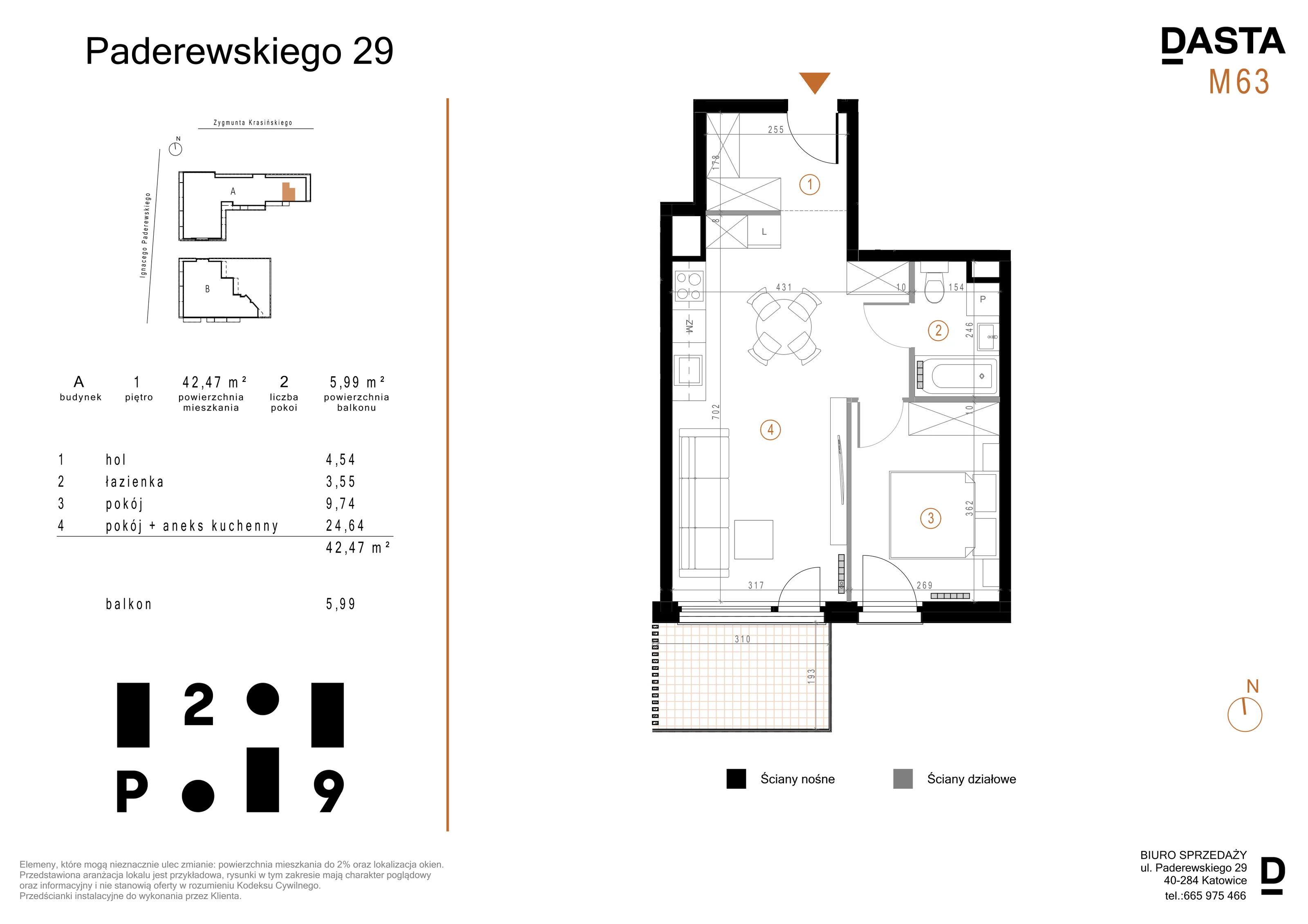 2 pokoje, mieszkanie 42,47 m², piętro 1, oferta nr A63, Paderewskiego 29, Katowice, Osiedle Paderewskiego-Muchowiec, Dolina Trzech Stawów, ul. Ignacego Paderewskiego 29