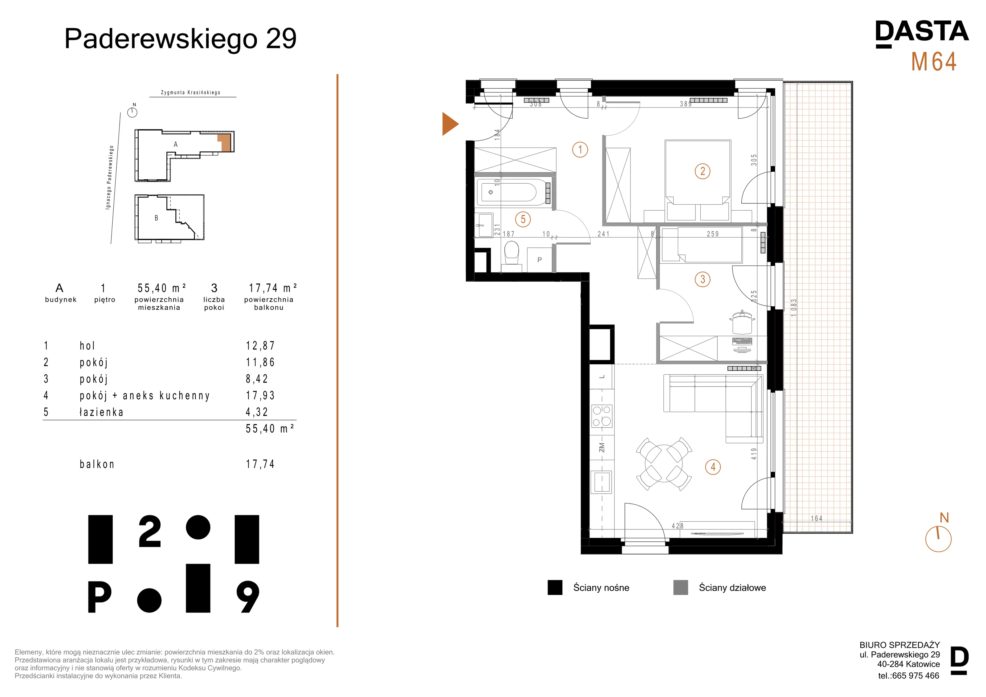 3 pokoje, mieszkanie 55,40 m², piętro 1, oferta nr A64, Paderewskiego 29, Katowice, Osiedle Paderewskiego-Muchowiec, Dolina Trzech Stawów, ul. Ignacego Paderewskiego 29