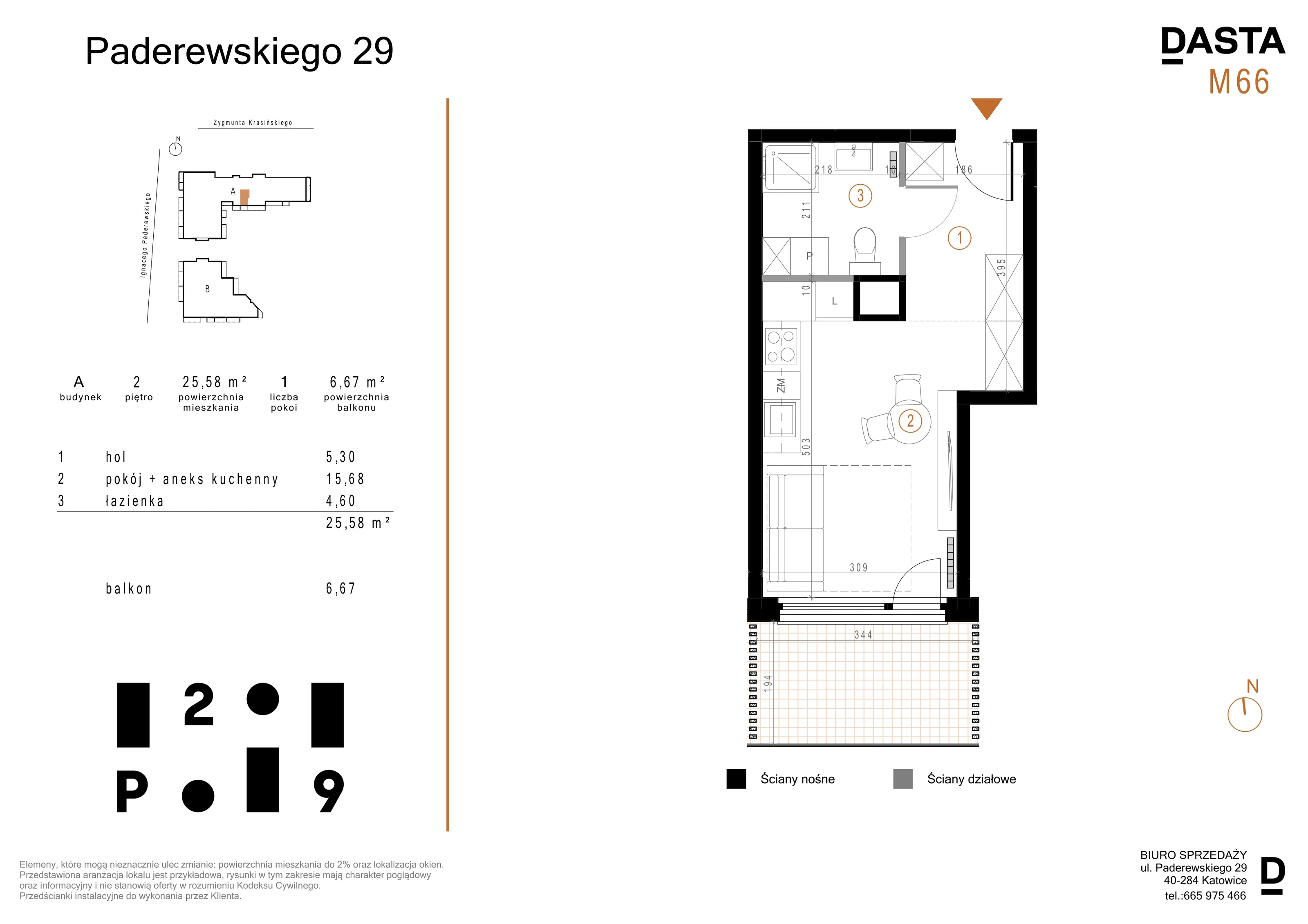 1 pokój, mieszkanie 25,58 m², piętro 2, oferta nr A66, Paderewskiego 29, Katowice, Osiedle Paderewskiego-Muchowiec, Dolina Trzech Stawów, ul. Ignacego Paderewskiego 29