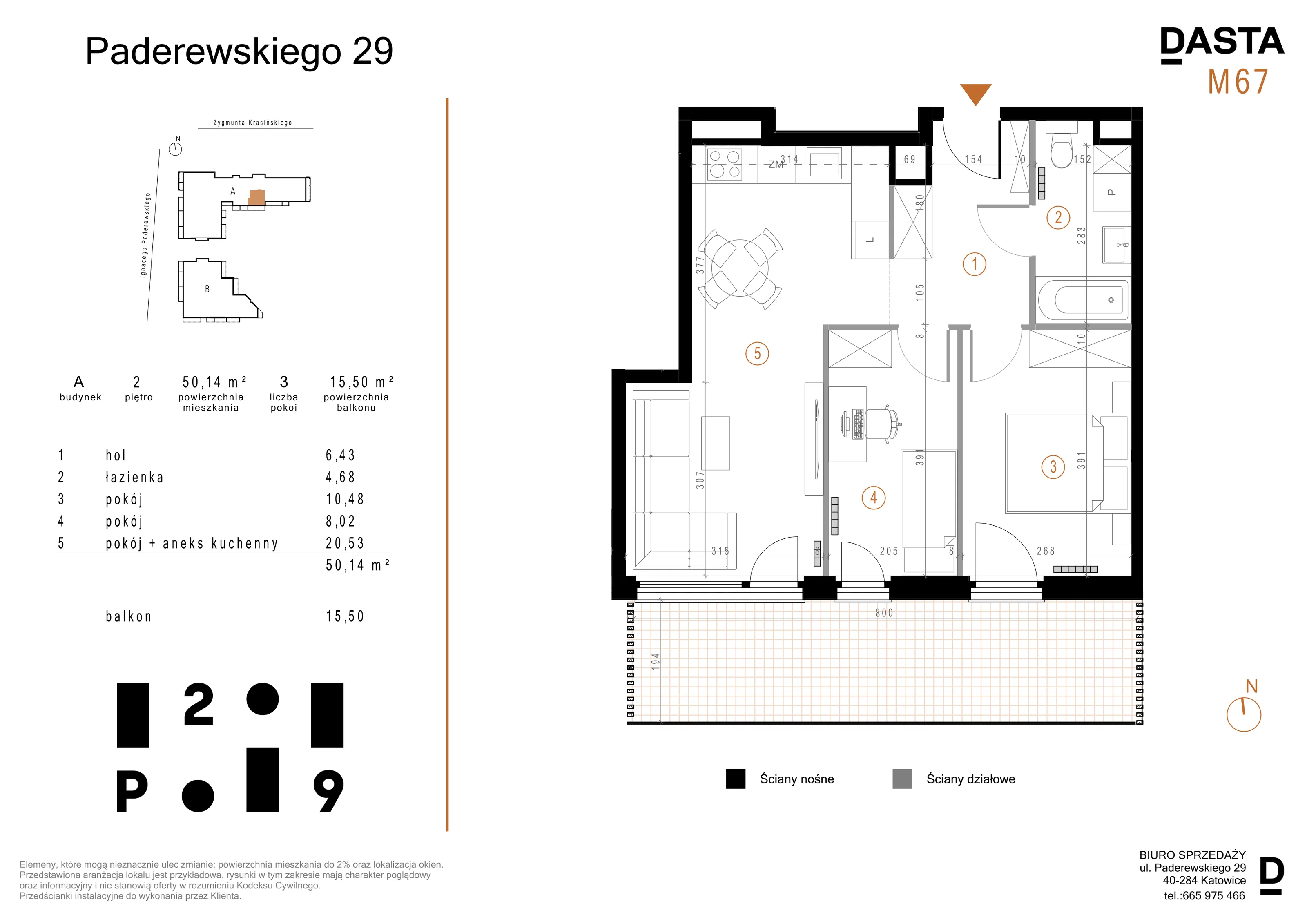 3 pokoje, mieszkanie 50,14 m², piętro 2, oferta nr A67, Paderewskiego 29, Katowice, Osiedle Paderewskiego-Muchowiec, Dolina Trzech Stawów, ul. Ignacego Paderewskiego 29