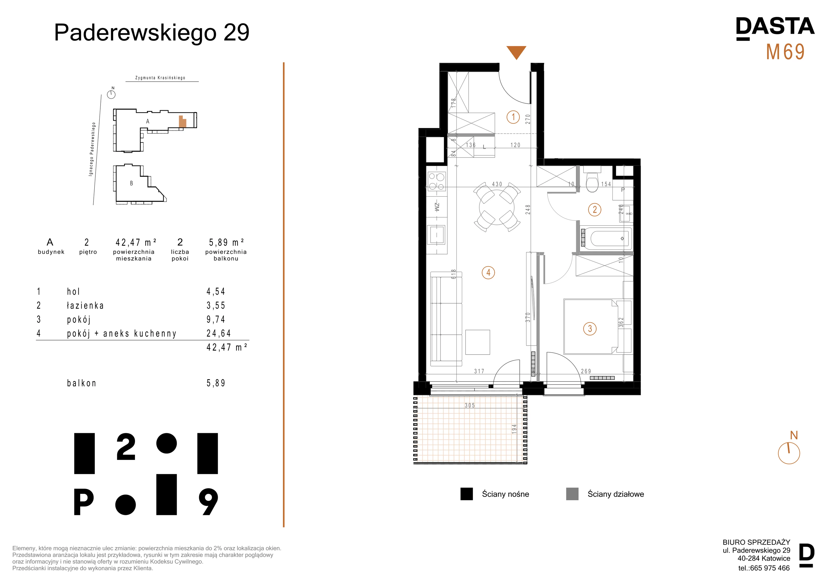 2 pokoje, mieszkanie 42,47 m², piętro 2, oferta nr A69, Paderewskiego 29, Katowice, Osiedle Paderewskiego-Muchowiec, Dolina Trzech Stawów, ul. Ignacego Paderewskiego 29