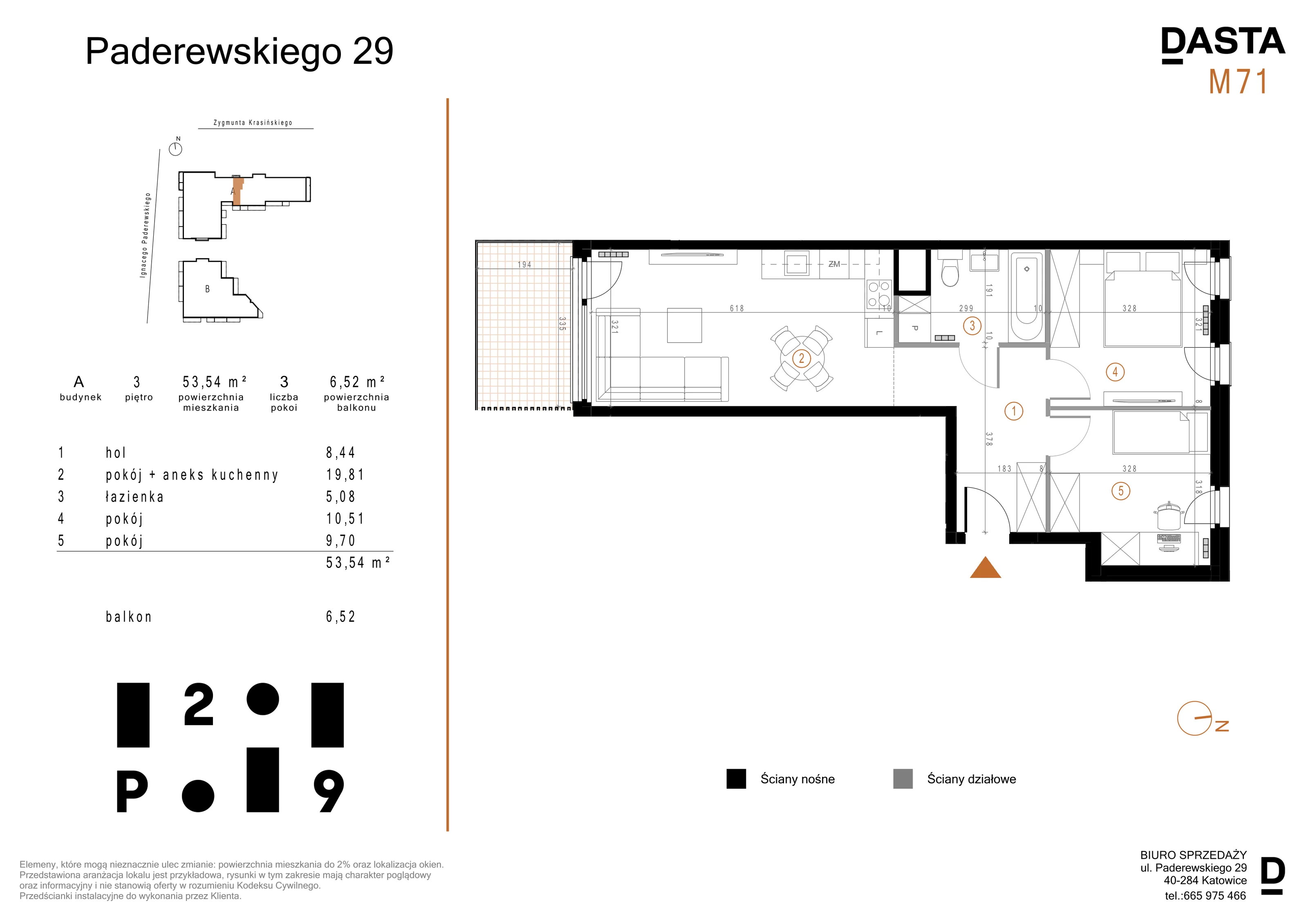 3 pokoje, mieszkanie 53,54 m², piętro 3, oferta nr A71, Paderewskiego 29, Katowice, Osiedle Paderewskiego-Muchowiec, Dolina Trzech Stawów, ul. Ignacego Paderewskiego 29