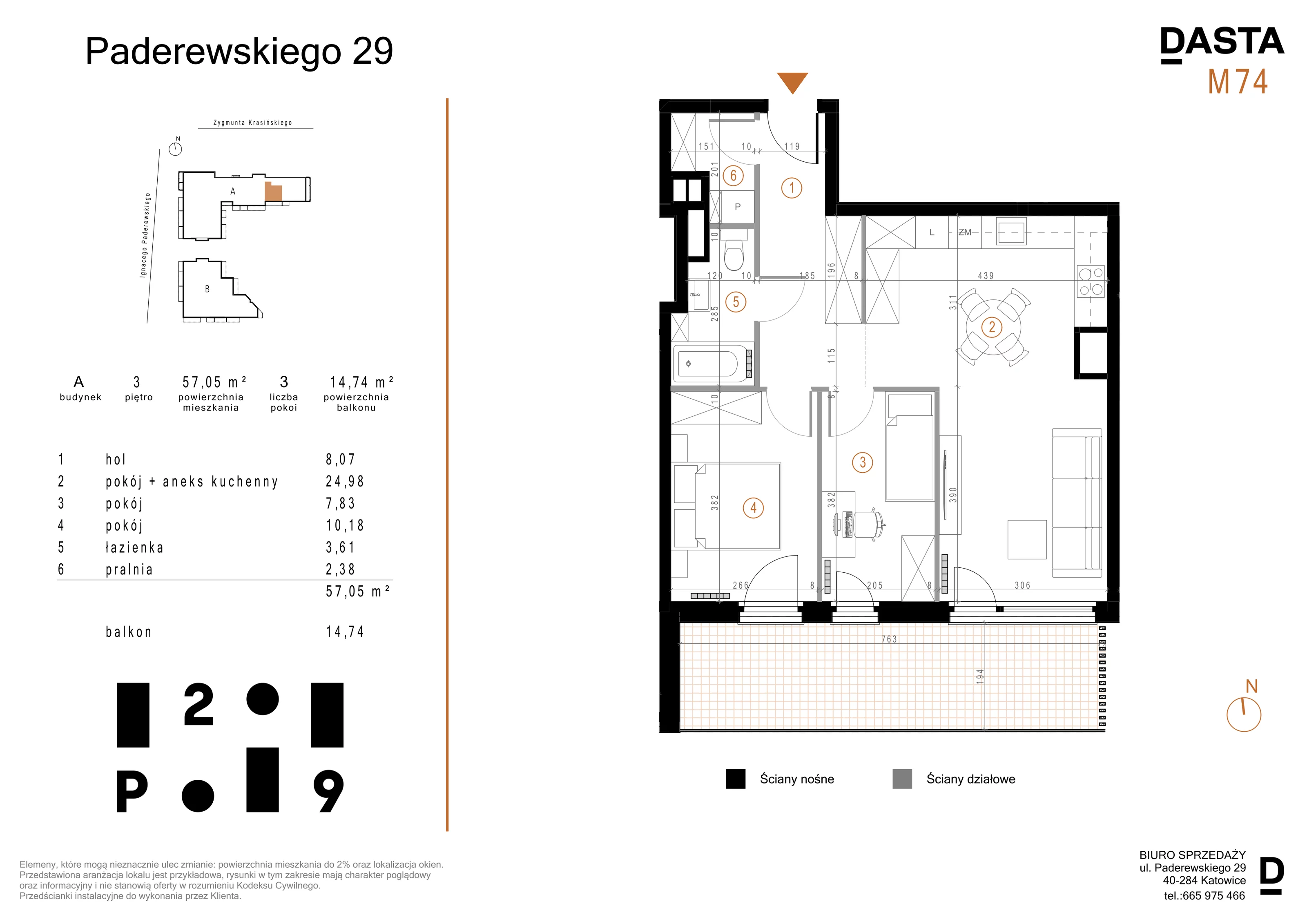 3 pokoje, mieszkanie 57,05 m², piętro 3, oferta nr A74, Paderewskiego 29, Katowice, Osiedle Paderewskiego-Muchowiec, Dolina Trzech Stawów, ul. Ignacego Paderewskiego 29