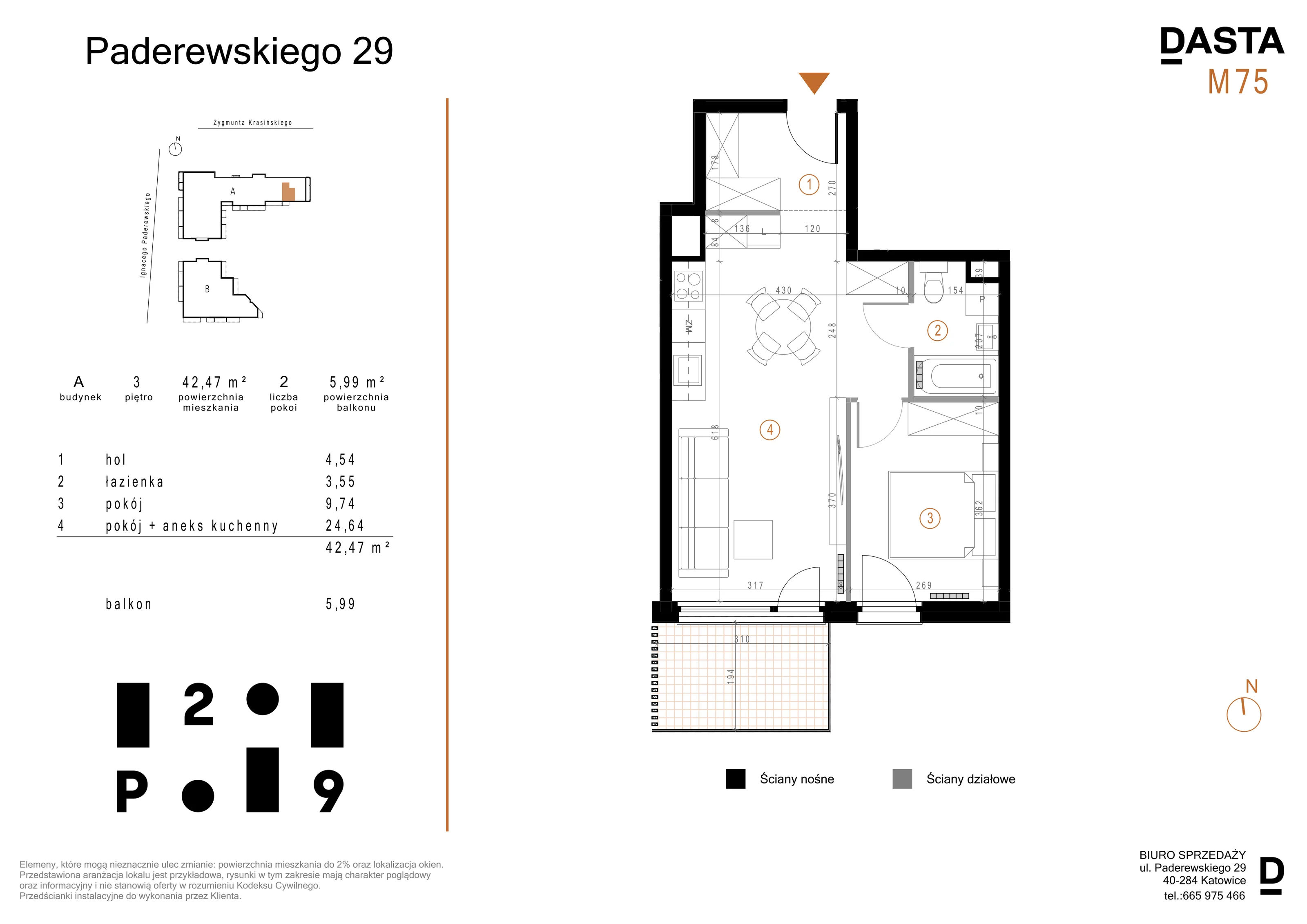 2 pokoje, mieszkanie 42,47 m², piętro 3, oferta nr A75, Paderewskiego 29, Katowice, Osiedle Paderewskiego-Muchowiec, Dolina Trzech Stawów, ul. Ignacego Paderewskiego 29