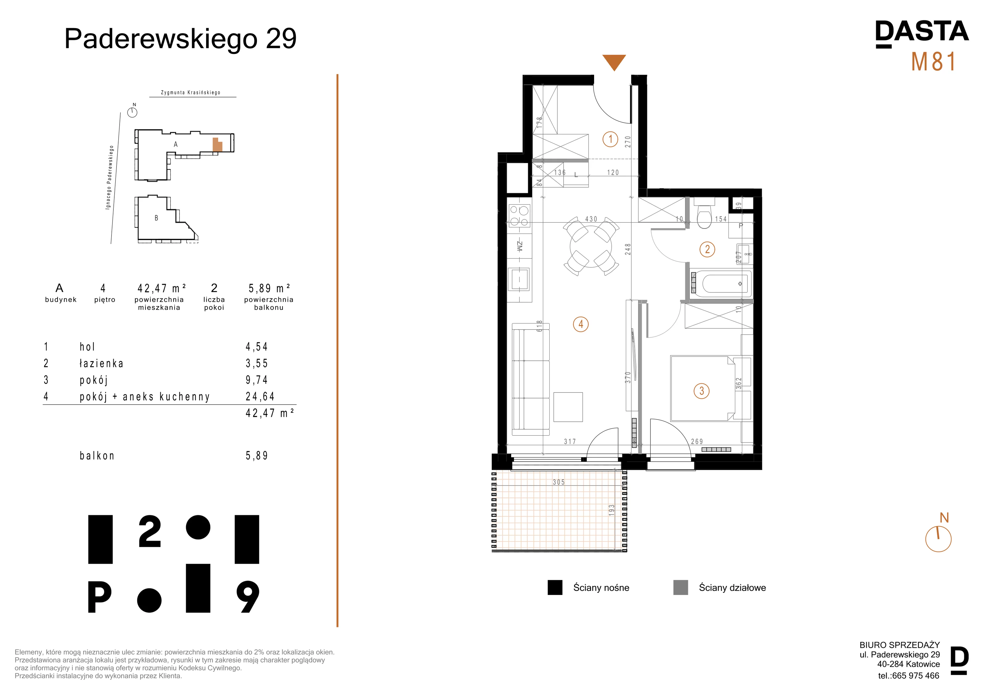 2 pokoje, mieszkanie 42,47 m², piętro 4, oferta nr A81, Paderewskiego 29, Katowice, Osiedle Paderewskiego-Muchowiec, Dolina Trzech Stawów, ul. Ignacego Paderewskiego 29