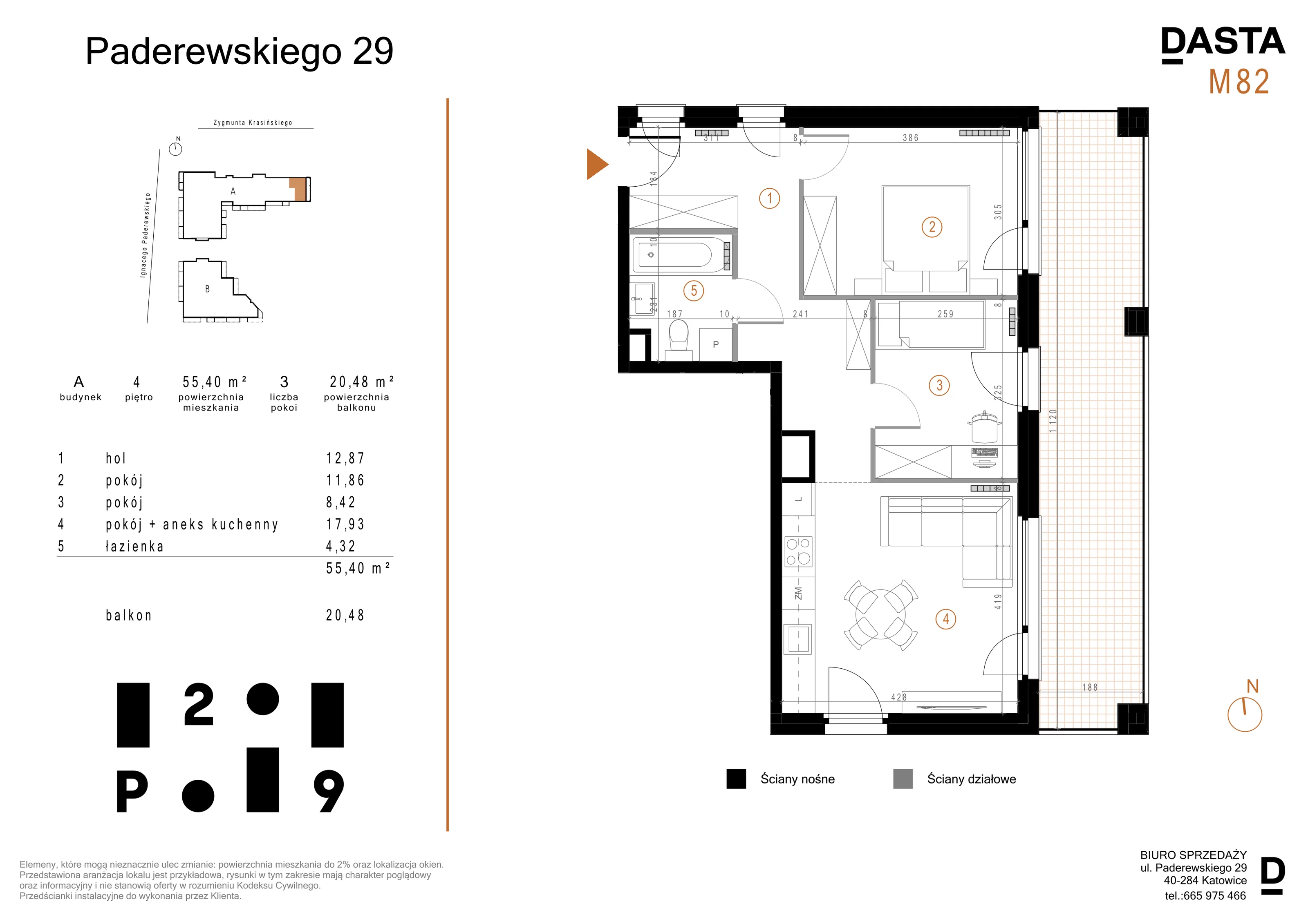 3 pokoje, mieszkanie 55,40 m², piętro 4, oferta nr A82, Paderewskiego 29, Katowice, Osiedle Paderewskiego-Muchowiec, Dolina Trzech Stawów, ul. Ignacego Paderewskiego 29