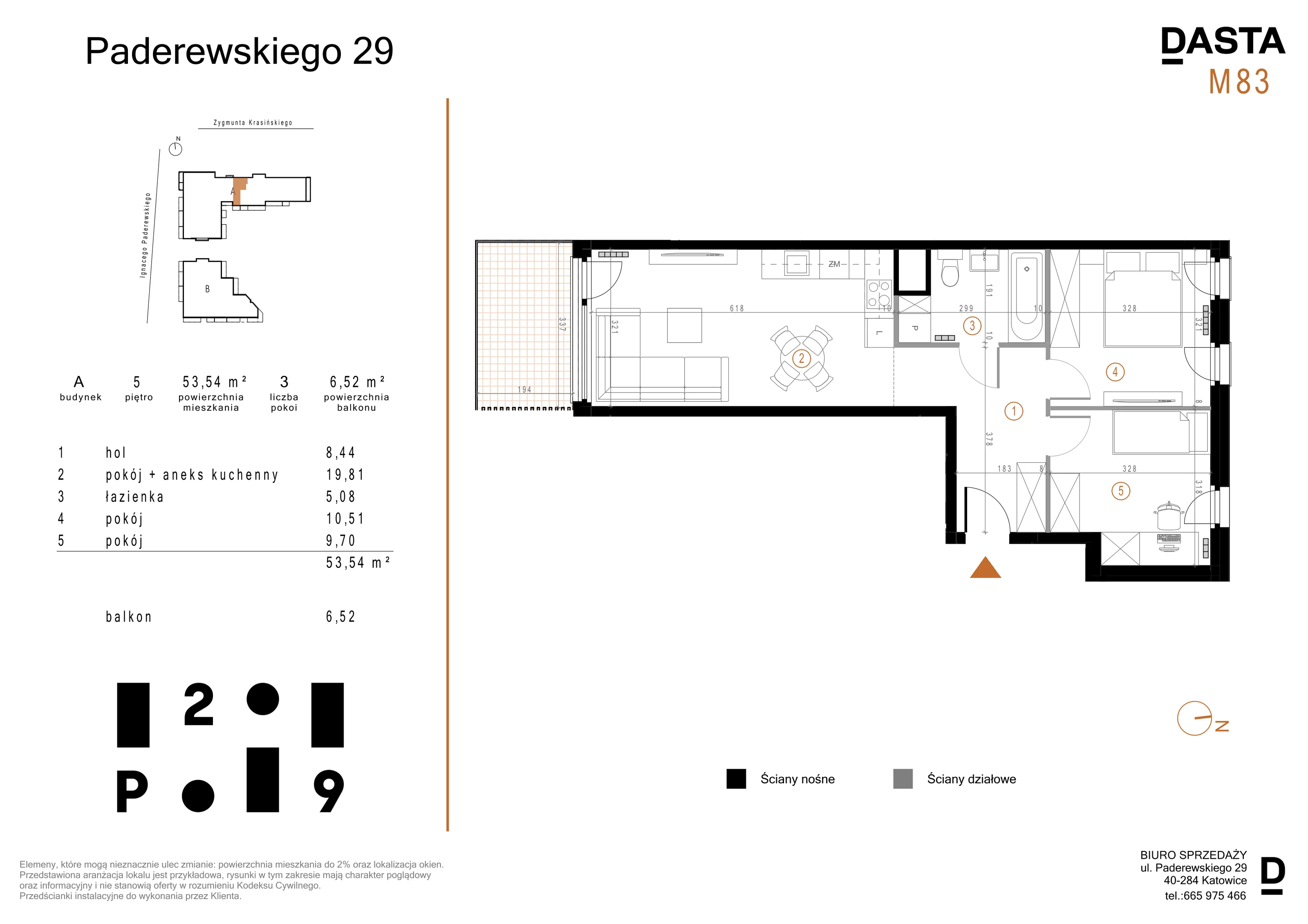 3 pokoje, mieszkanie 53,54 m², piętro 5, oferta nr A83, Paderewskiego 29, Katowice, Osiedle Paderewskiego-Muchowiec, Dolina Trzech Stawów, ul. Ignacego Paderewskiego 29