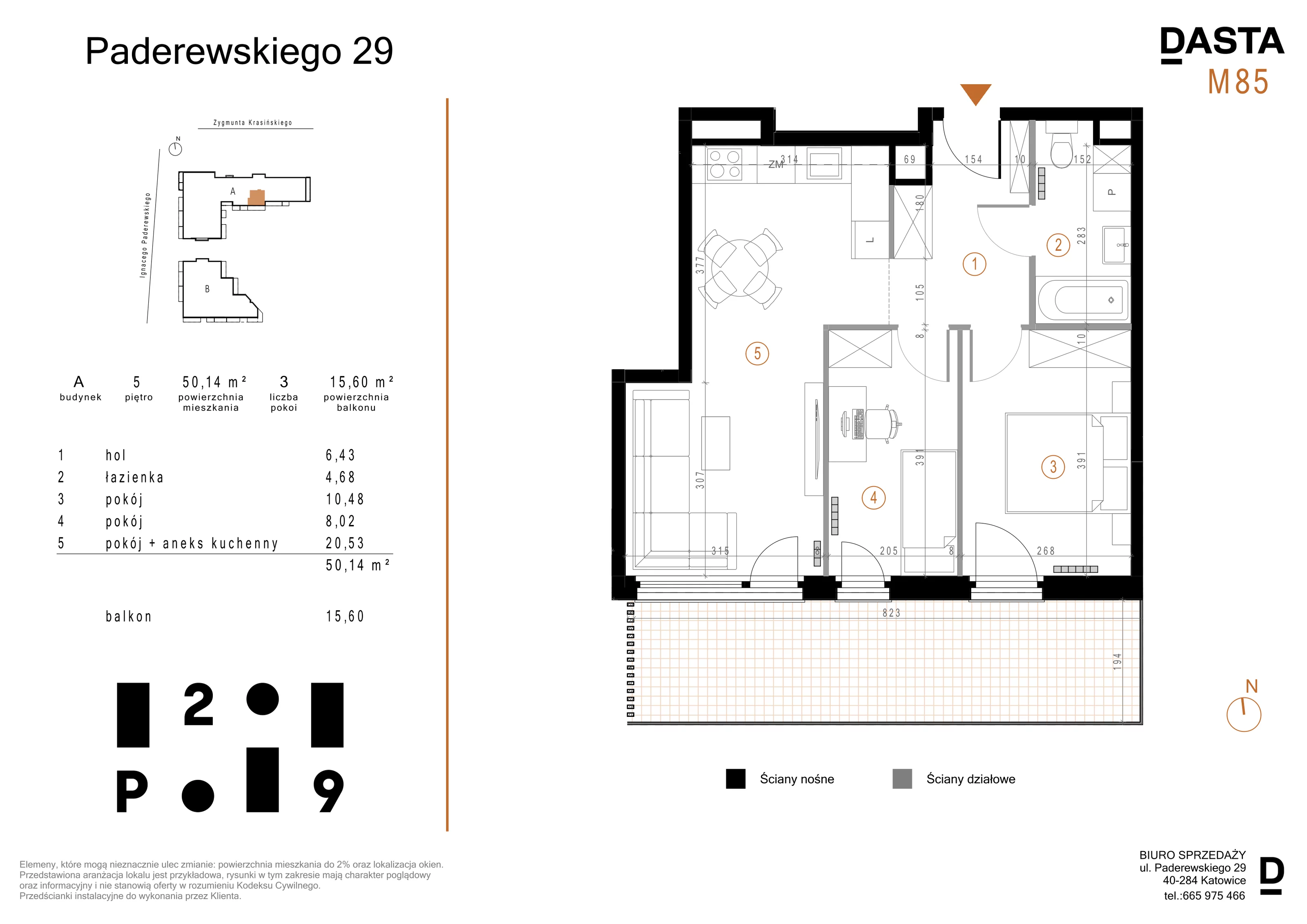 3 pokoje, mieszkanie 50,14 m², piętro 5, oferta nr A85, Paderewskiego 29, Katowice, Osiedle Paderewskiego-Muchowiec, Dolina Trzech Stawów, ul. Ignacego Paderewskiego 29