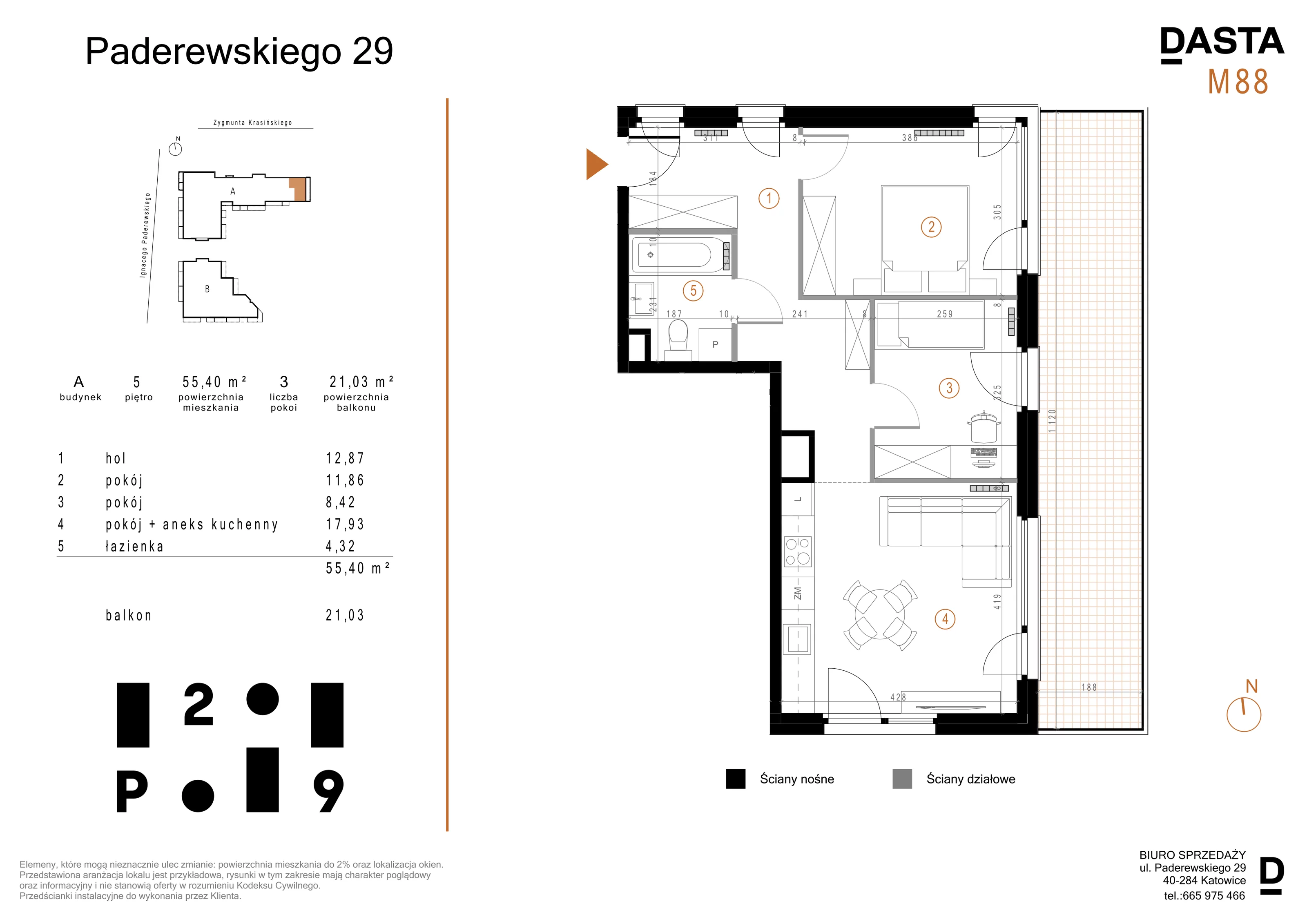 3 pokoje, mieszkanie 55,40 m², piętro 5, oferta nr A88, Paderewskiego 29, Katowice, Osiedle Paderewskiego-Muchowiec, Dolina Trzech Stawów, ul. Ignacego Paderewskiego 29