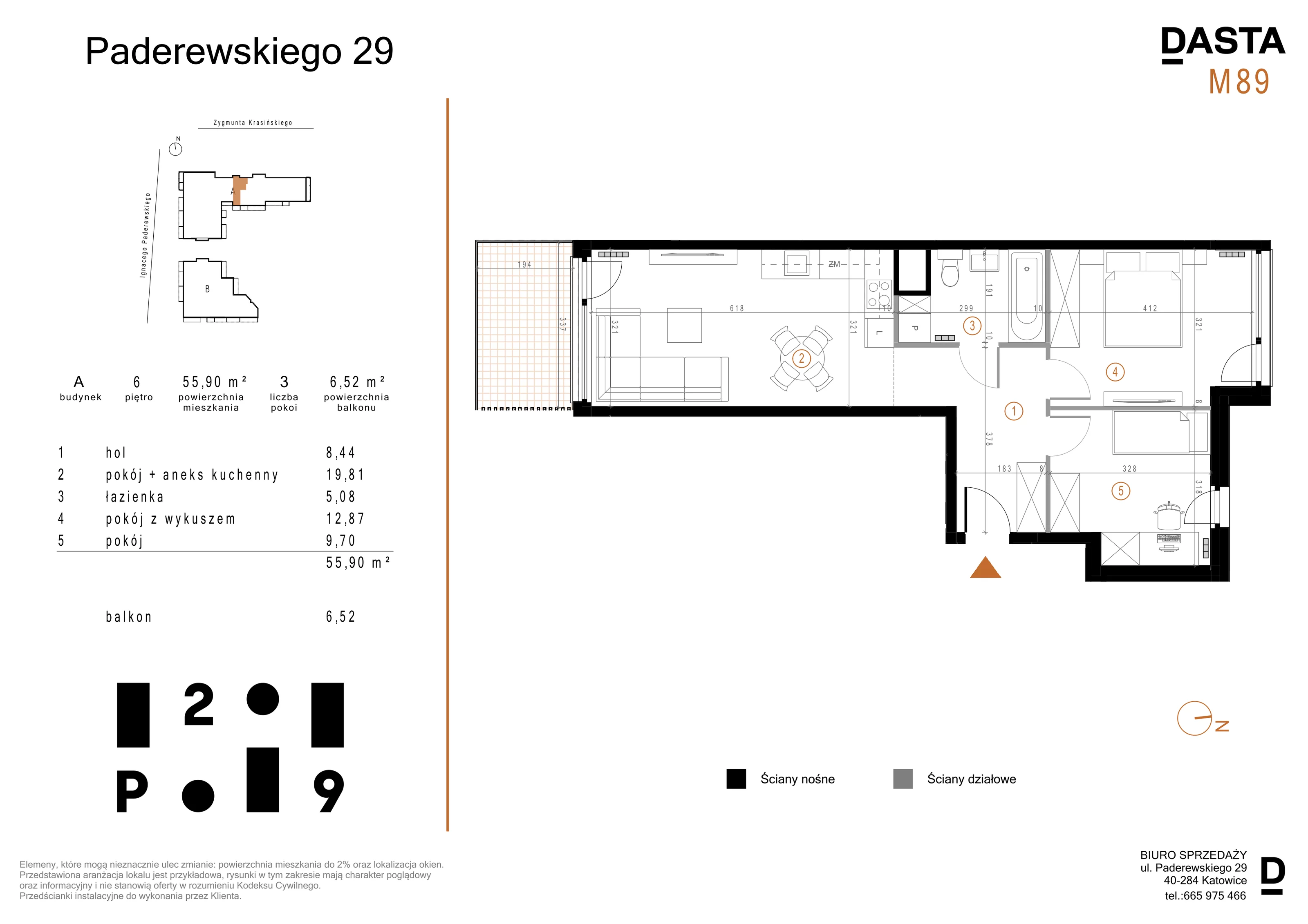 3 pokoje, mieszkanie 55,90 m², piętro 6, oferta nr A89, Paderewskiego 29, Katowice, Osiedle Paderewskiego-Muchowiec, Dolina Trzech Stawów, ul. Ignacego Paderewskiego 29