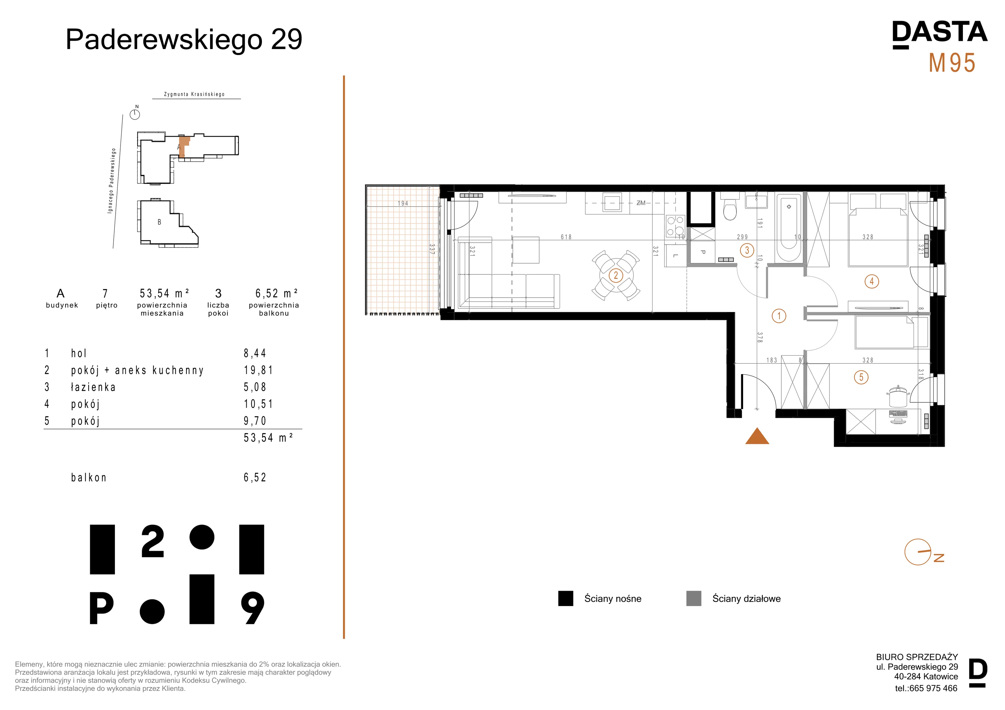 3 pokoje, mieszkanie 53,54 m², piętro 7, oferta nr A95, Paderewskiego 29, Katowice, Osiedle Paderewskiego-Muchowiec, Dolina Trzech Stawów, ul. Ignacego Paderewskiego 29