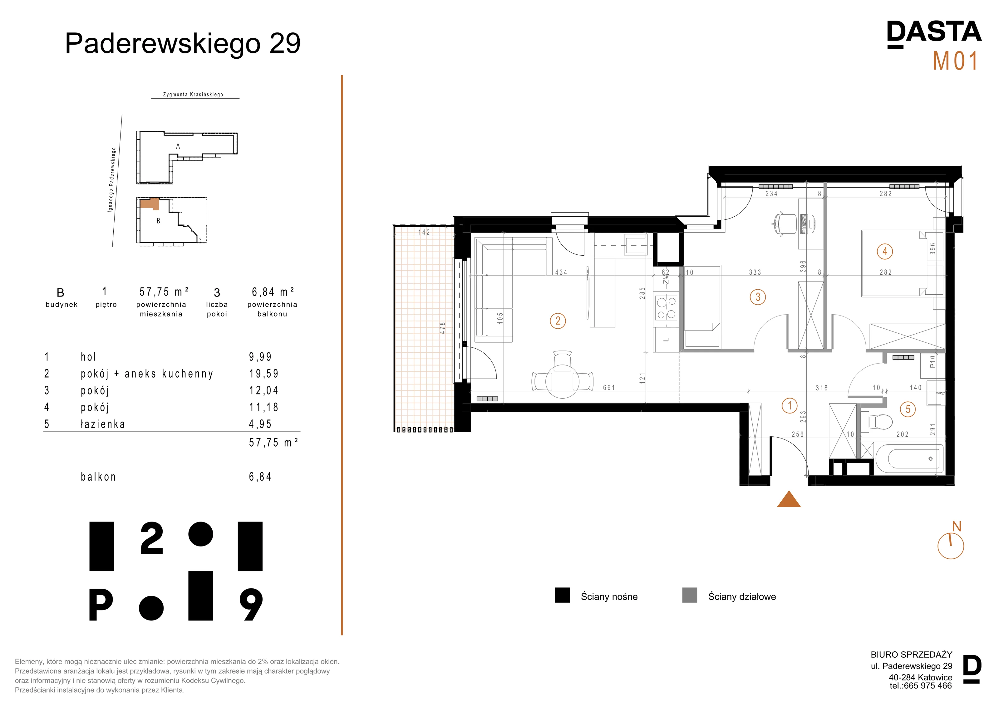 3 pokoje, mieszkanie 57,75 m², piętro 1, oferta nr B01, Paderewskiego 29, Katowice, Osiedle Paderewskiego-Muchowiec, Dolina Trzech Stawów, ul. Ignacego Paderewskiego 29