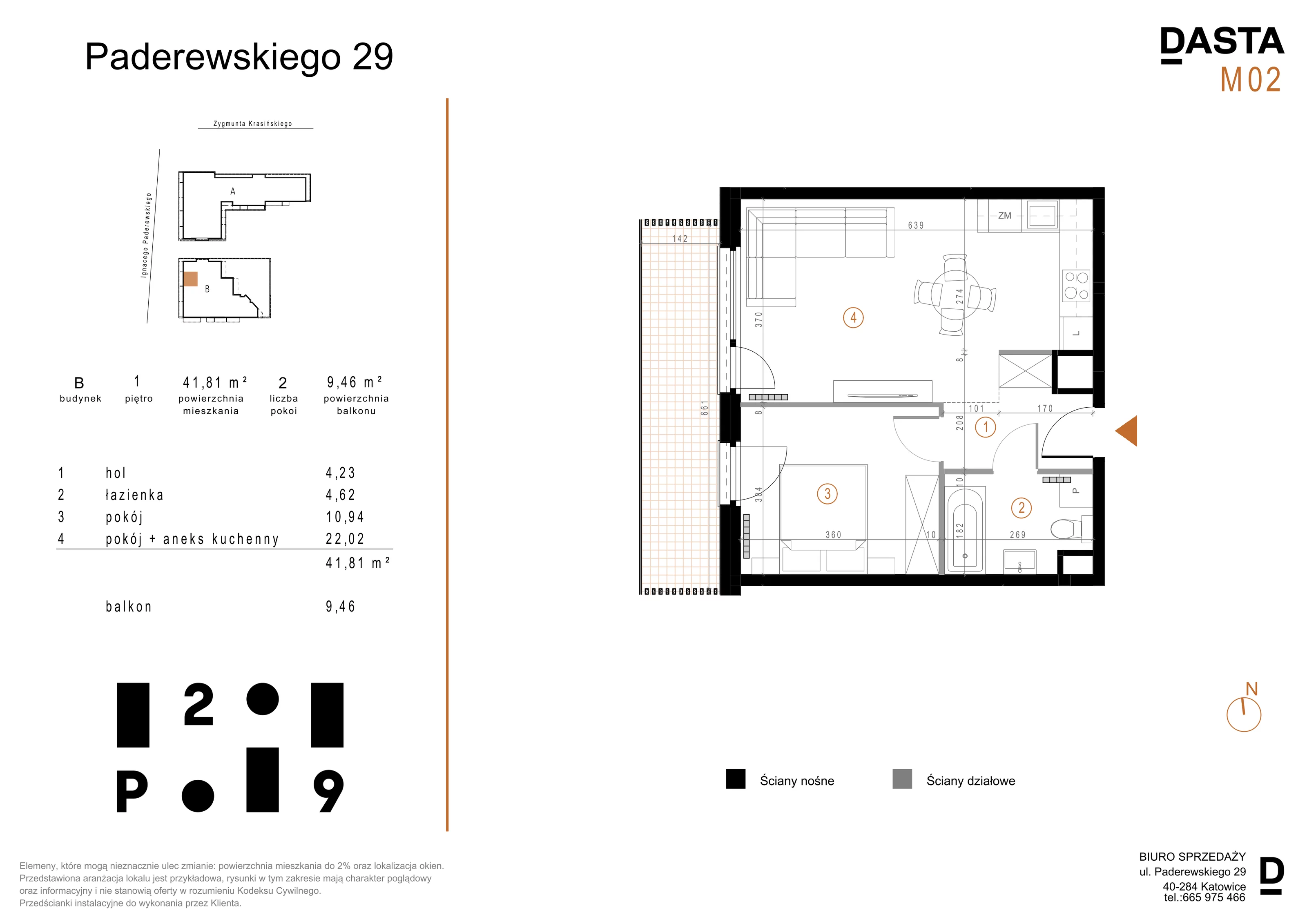 2 pokoje, mieszkanie 41,81 m², piętro 1, oferta nr B02, Paderewskiego 29, Katowice, Osiedle Paderewskiego-Muchowiec, Dolina Trzech Stawów, ul. Ignacego Paderewskiego 29