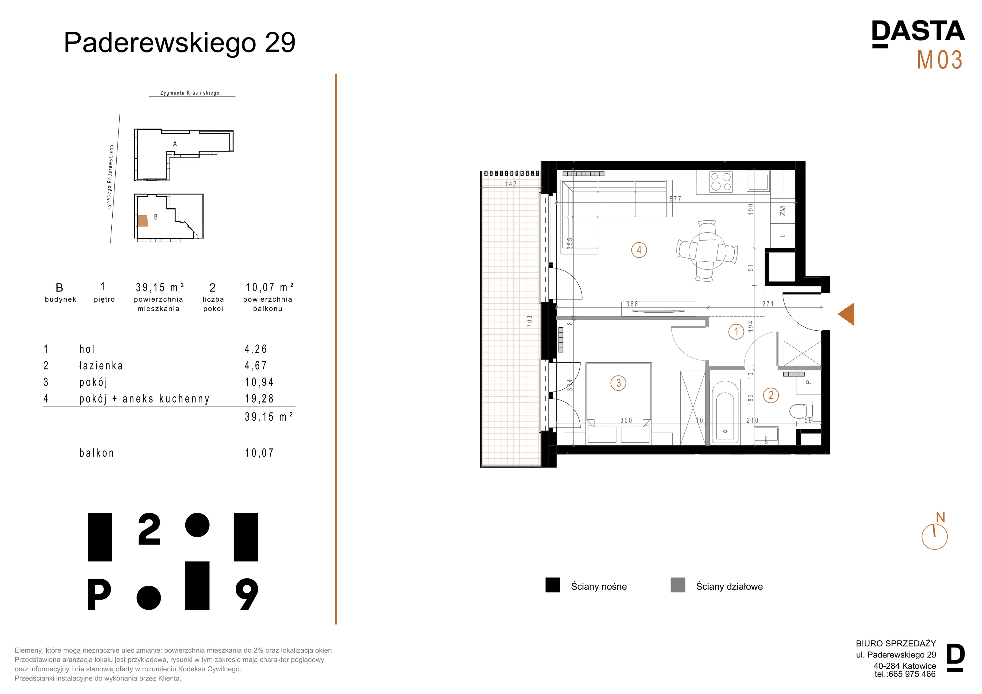 2 pokoje, mieszkanie 39,15 m², piętro 1, oferta nr B03, Paderewskiego 29, Katowice, Osiedle Paderewskiego-Muchowiec, Dolina Trzech Stawów, ul. Ignacego Paderewskiego 29