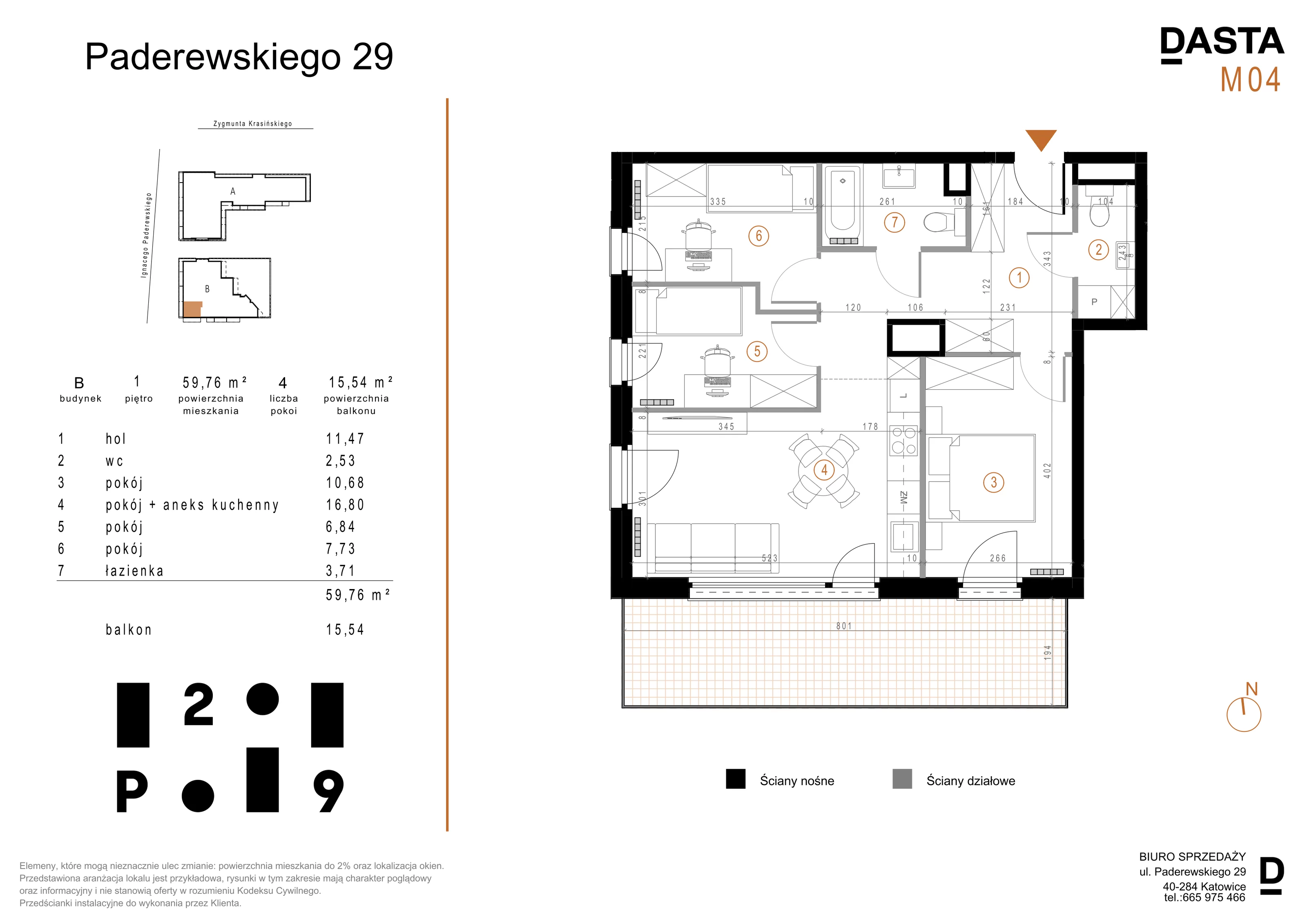 4 pokoje, mieszkanie 59,76 m², piętro 1, oferta nr B04, Paderewskiego 29, Katowice, Osiedle Paderewskiego-Muchowiec, Dolina Trzech Stawów, ul. Ignacego Paderewskiego 29