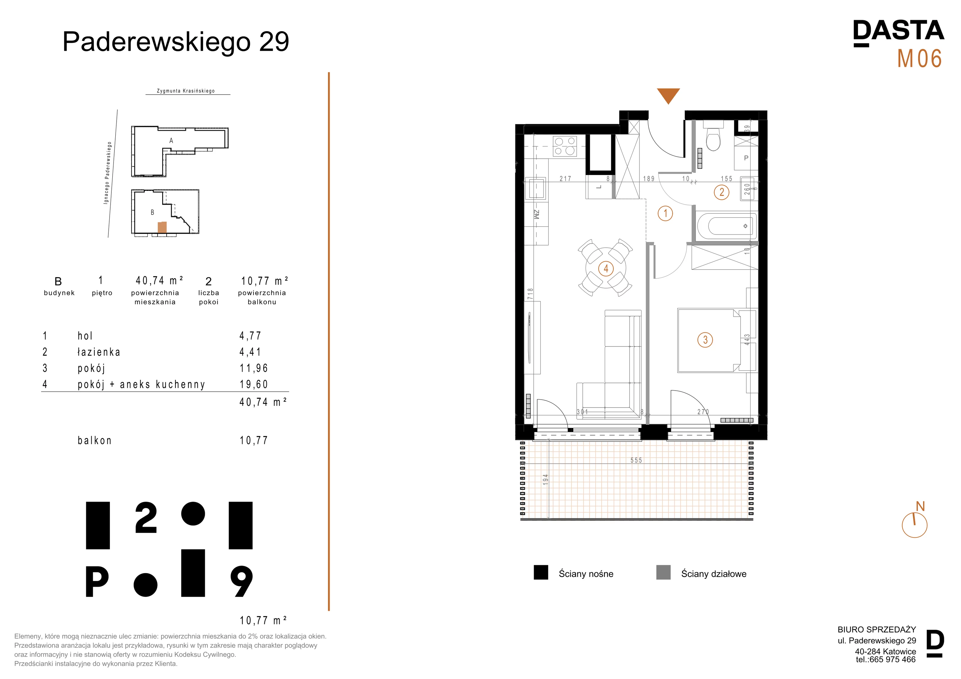 2 pokoje, mieszkanie 40,74 m², piętro 1, oferta nr B06, Paderewskiego 29, Katowice, Osiedle Paderewskiego-Muchowiec, Dolina Trzech Stawów, ul. Ignacego Paderewskiego 29