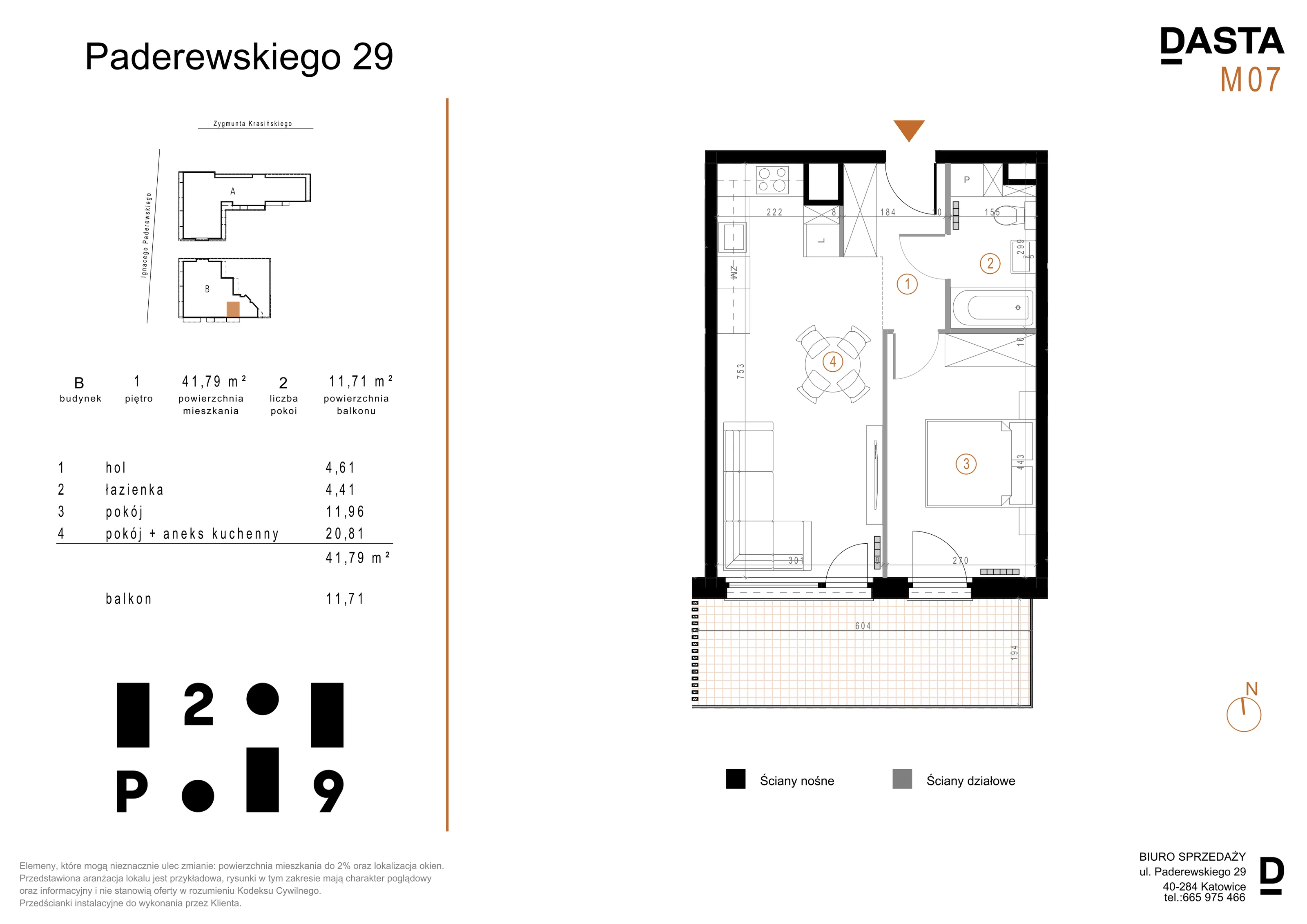 2 pokoje, mieszkanie 41,79 m², piętro 1, oferta nr B07, Paderewskiego 29, Katowice, Osiedle Paderewskiego-Muchowiec, Dolina Trzech Stawów, ul. Ignacego Paderewskiego 29