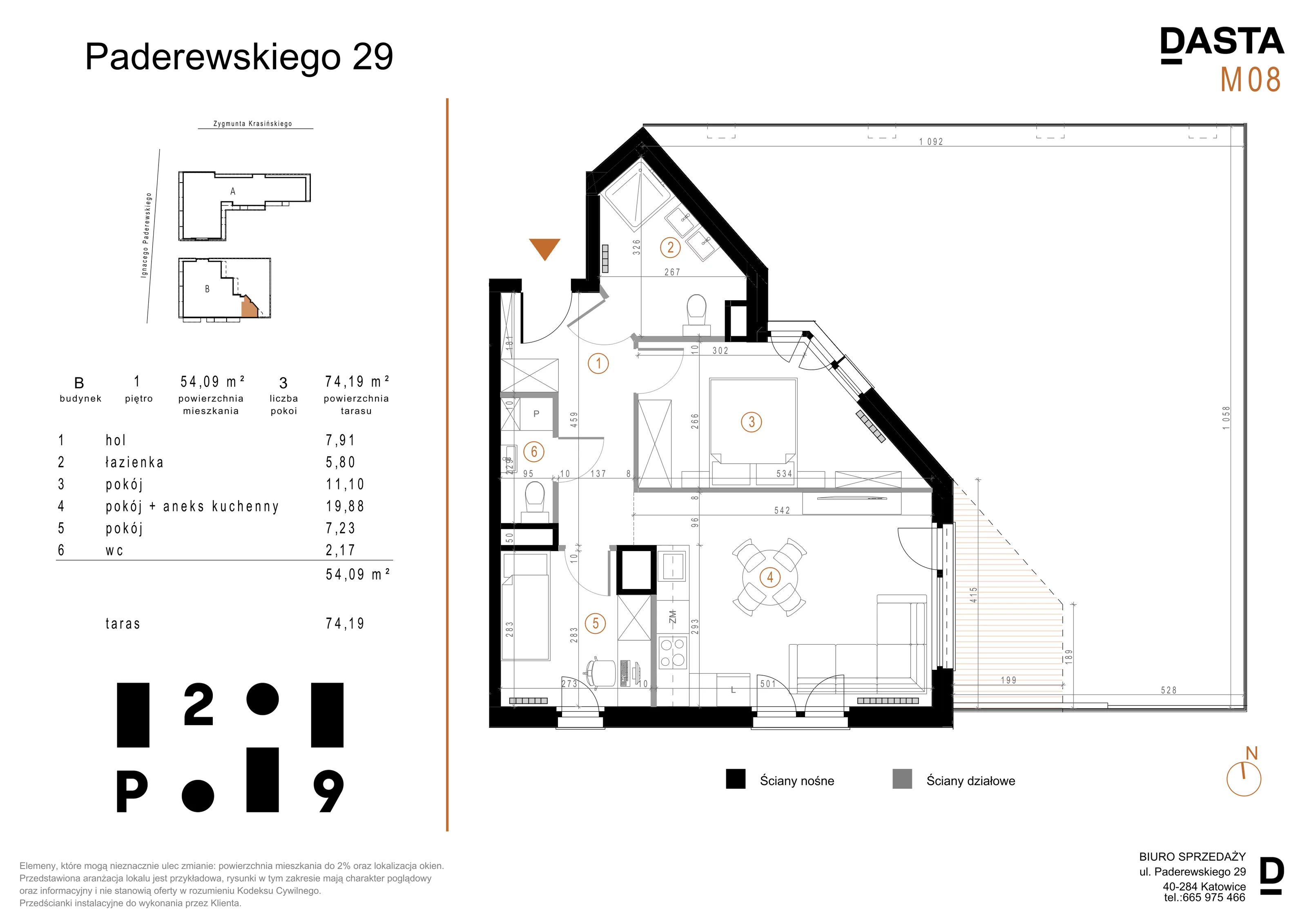 3 pokoje, mieszkanie 54,09 m², piętro 1, oferta nr B08, Paderewskiego 29, Katowice, Osiedle Paderewskiego-Muchowiec, Dolina Trzech Stawów, ul. Ignacego Paderewskiego 29