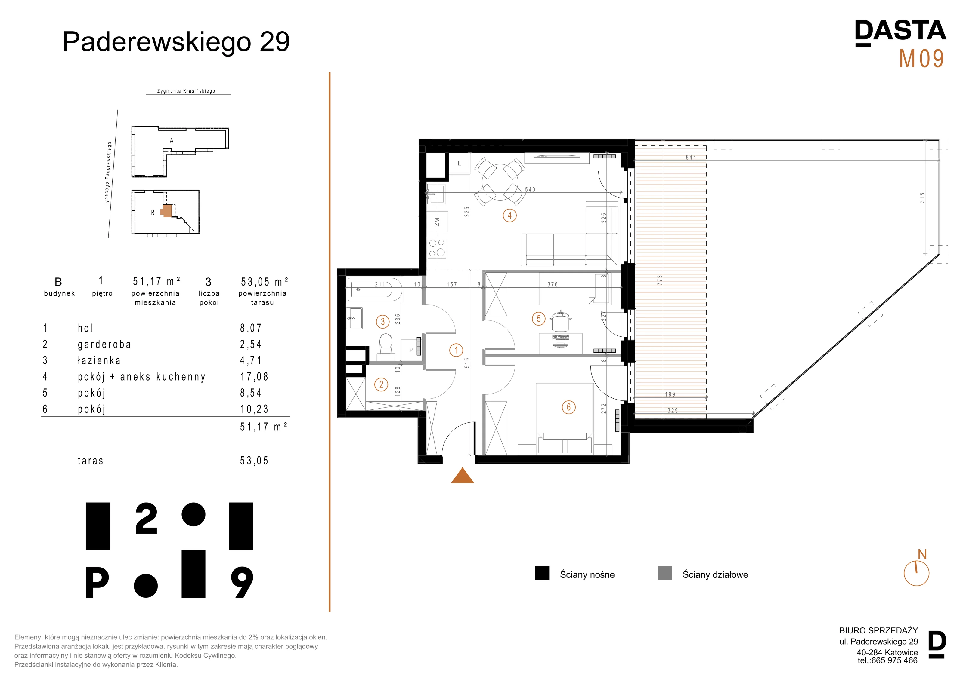 3 pokoje, mieszkanie 51,17 m², piętro 1, oferta nr B09, Paderewskiego 29, Katowice, Osiedle Paderewskiego-Muchowiec, Dolina Trzech Stawów, ul. Ignacego Paderewskiego 29