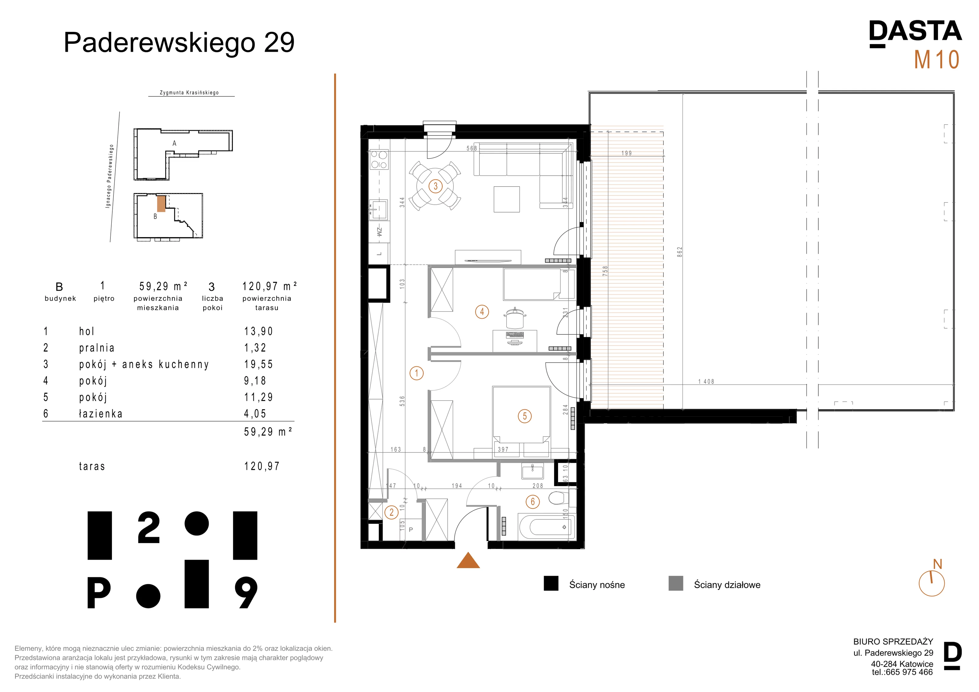 3 pokoje, mieszkanie 59,29 m², piętro 1, oferta nr B10, Paderewskiego 29, Katowice, Osiedle Paderewskiego-Muchowiec, Dolina Trzech Stawów, ul. Ignacego Paderewskiego 29