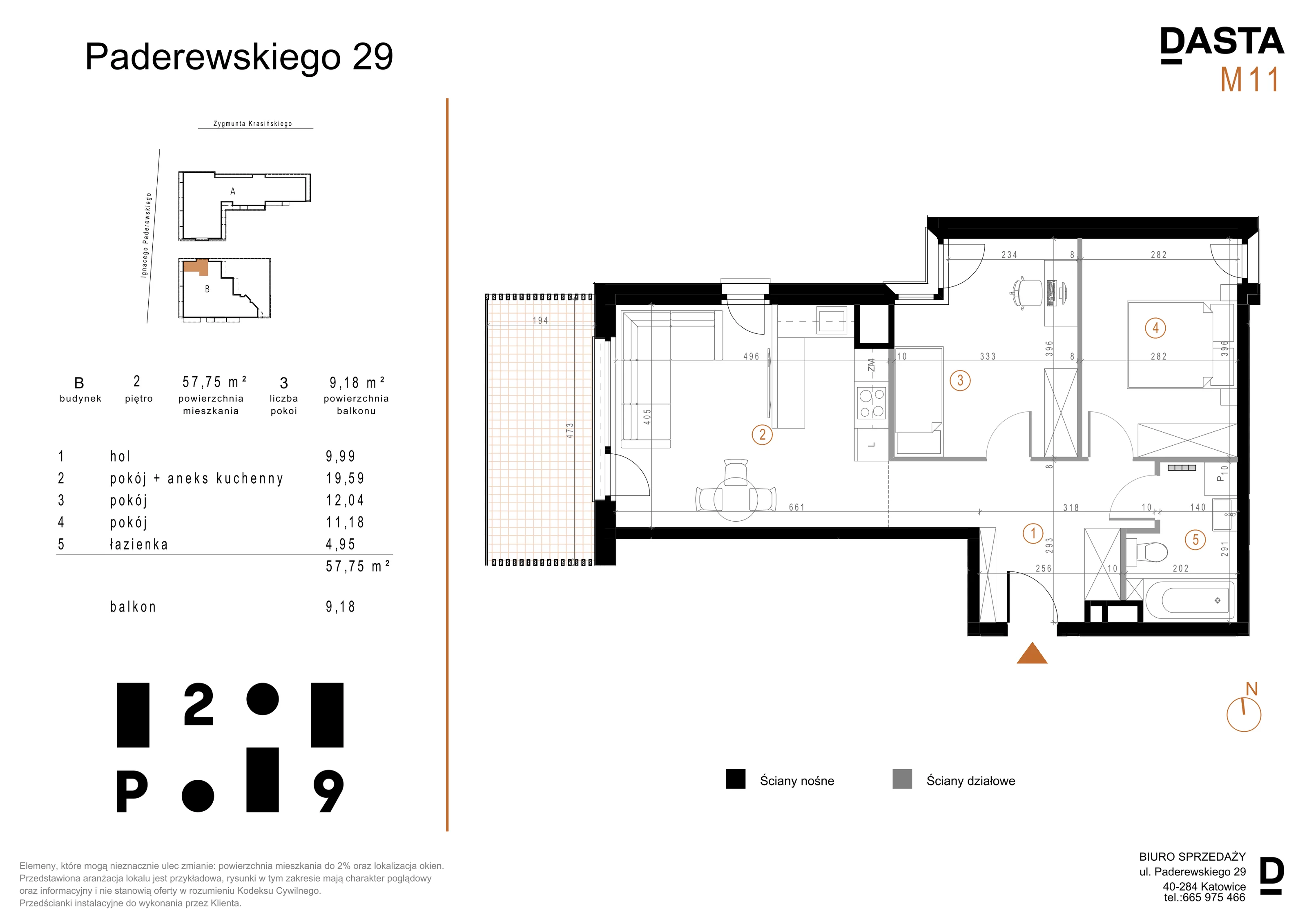 3 pokoje, mieszkanie 57,75 m², piętro 2, oferta nr B11, Paderewskiego 29, Katowice, Osiedle Paderewskiego-Muchowiec, Dolina Trzech Stawów, ul. Ignacego Paderewskiego 29