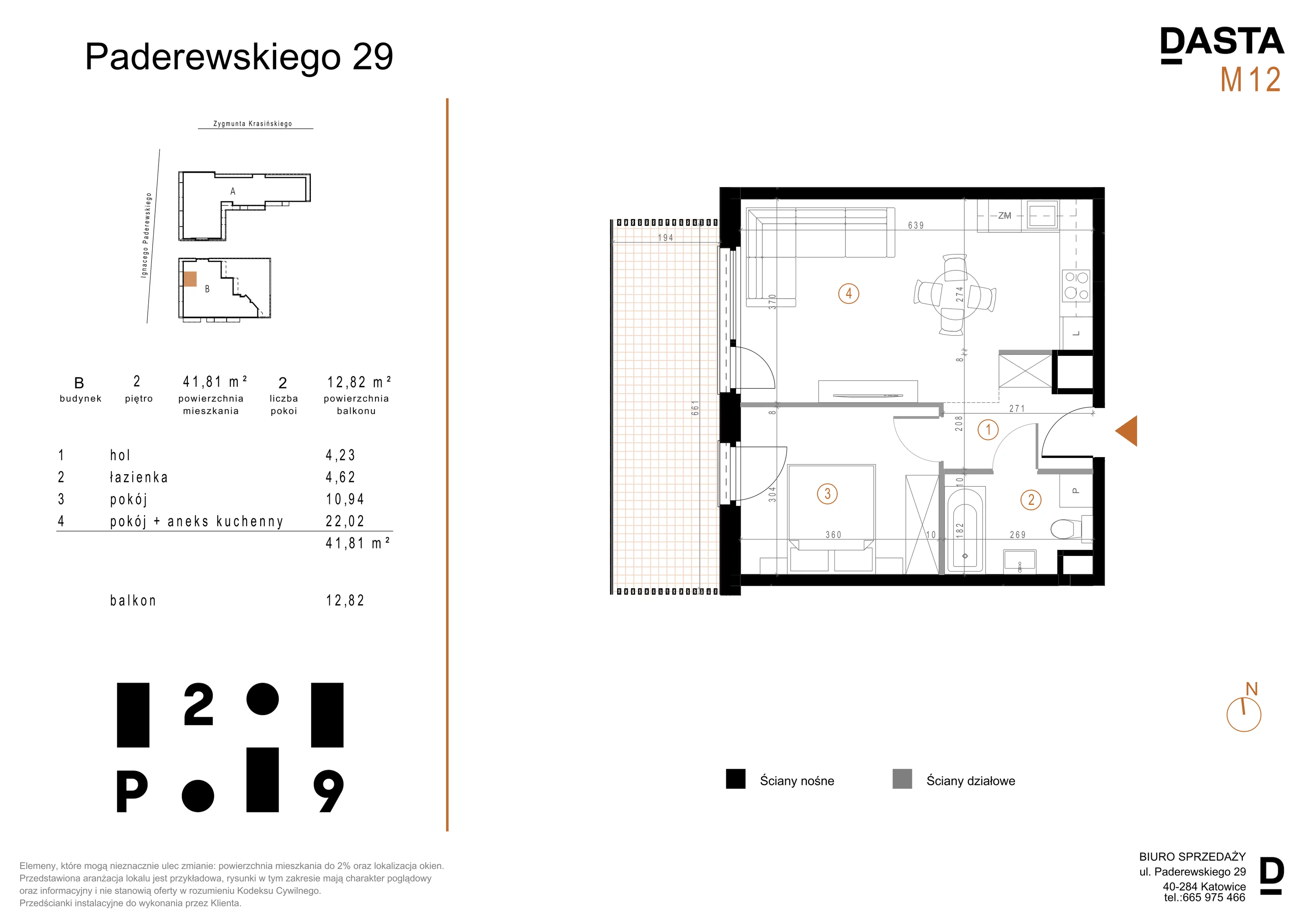 2 pokoje, mieszkanie 41,81 m², piętro 2, oferta nr B12, Paderewskiego 29, Katowice, Osiedle Paderewskiego-Muchowiec, Dolina Trzech Stawów, ul. Ignacego Paderewskiego 29