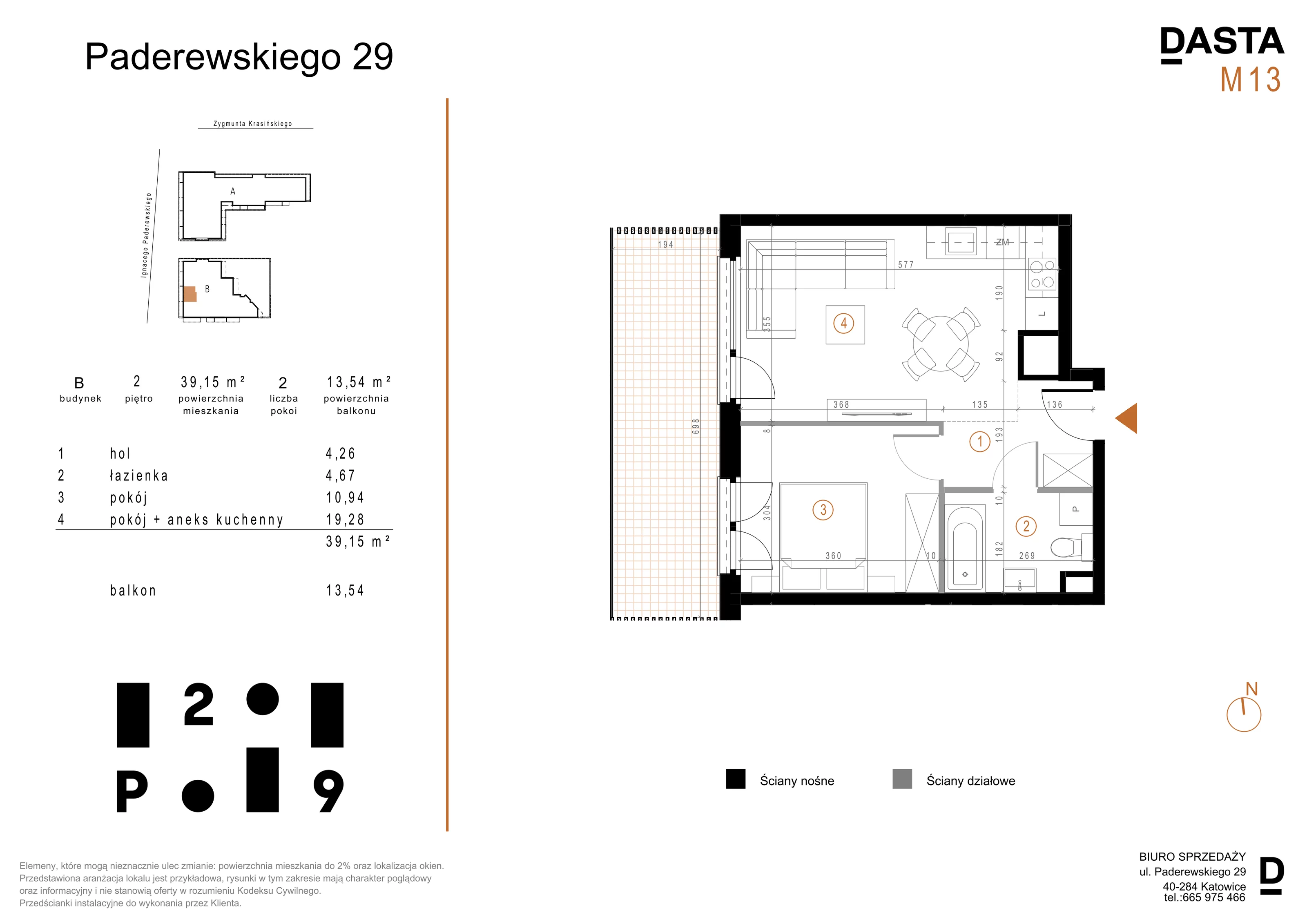 2 pokoje, mieszkanie 39,15 m², piętro 2, oferta nr B13, Paderewskiego 29, Katowice, Osiedle Paderewskiego-Muchowiec, Dolina Trzech Stawów, ul. Ignacego Paderewskiego 29