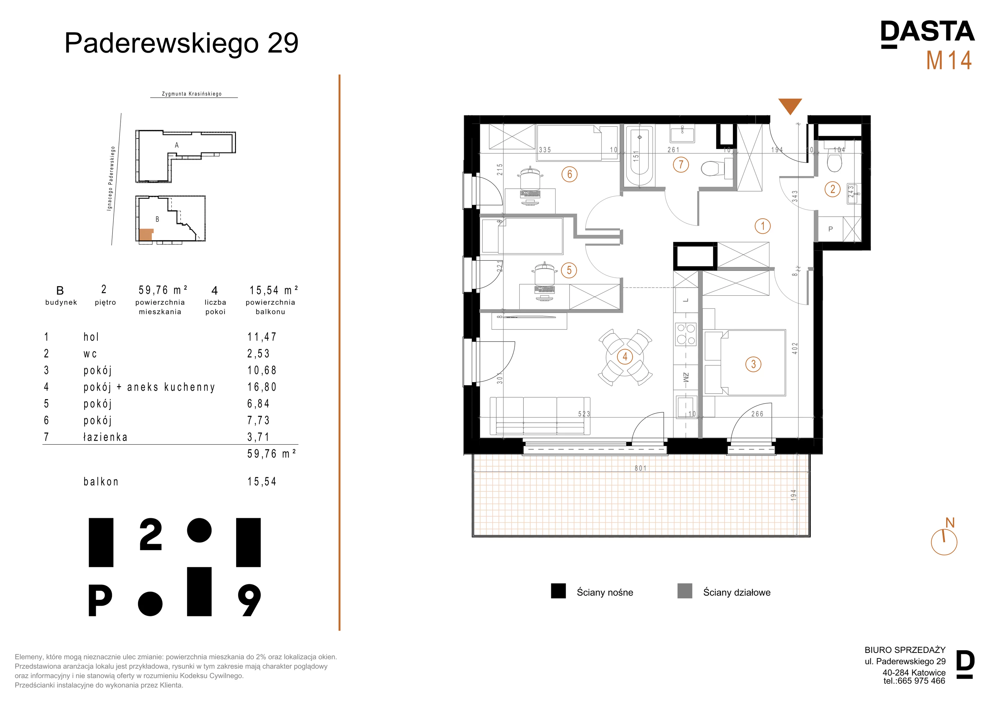 4 pokoje, mieszkanie 59,76 m², piętro 2, oferta nr B14, Paderewskiego 29, Katowice, Osiedle Paderewskiego-Muchowiec, Dolina Trzech Stawów, ul. Ignacego Paderewskiego 29