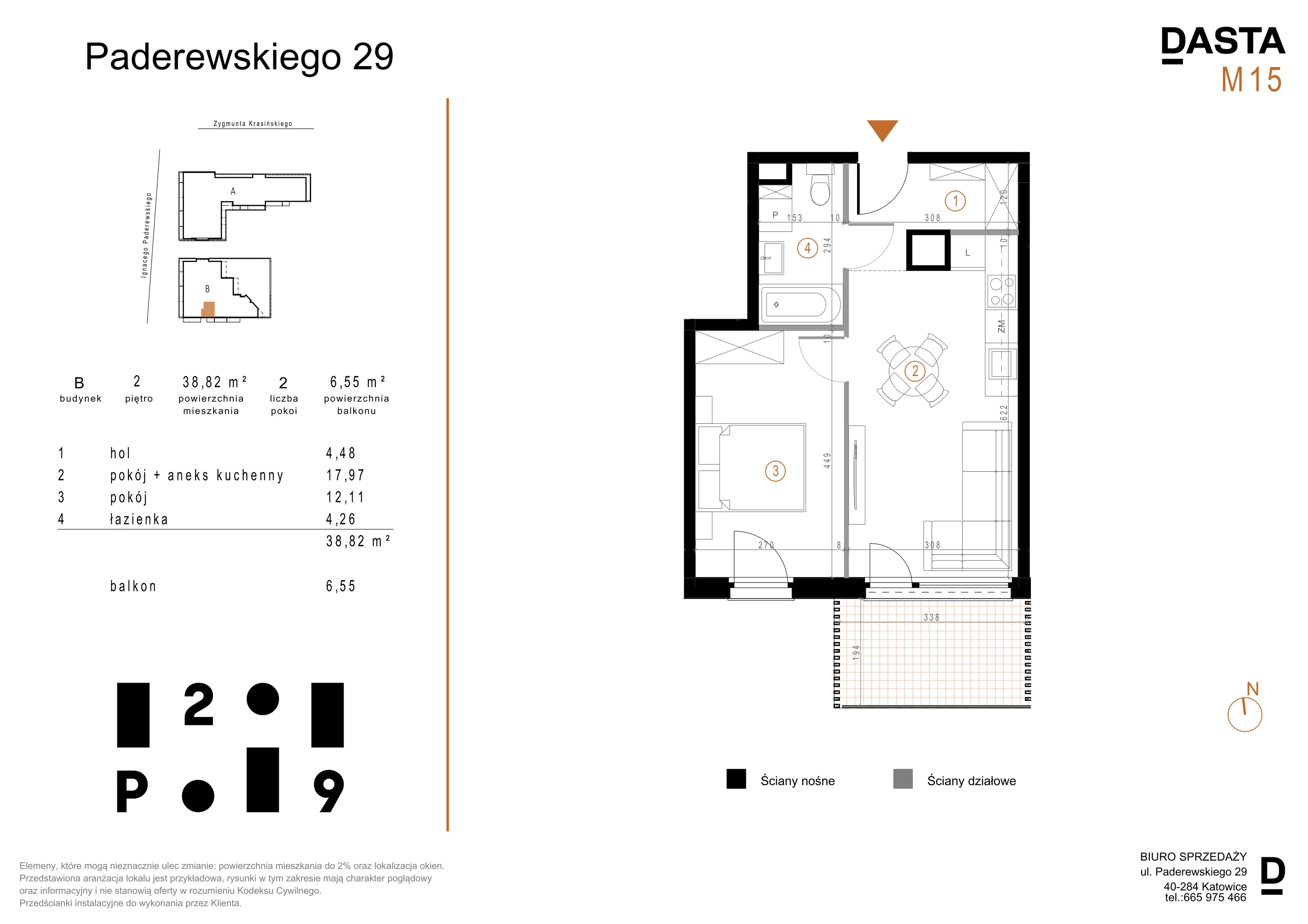 2 pokoje, mieszkanie 38,82 m², piętro 2, oferta nr B15, Paderewskiego 29, Katowice, Osiedle Paderewskiego-Muchowiec, Dolina Trzech Stawów, ul. Ignacego Paderewskiego 29