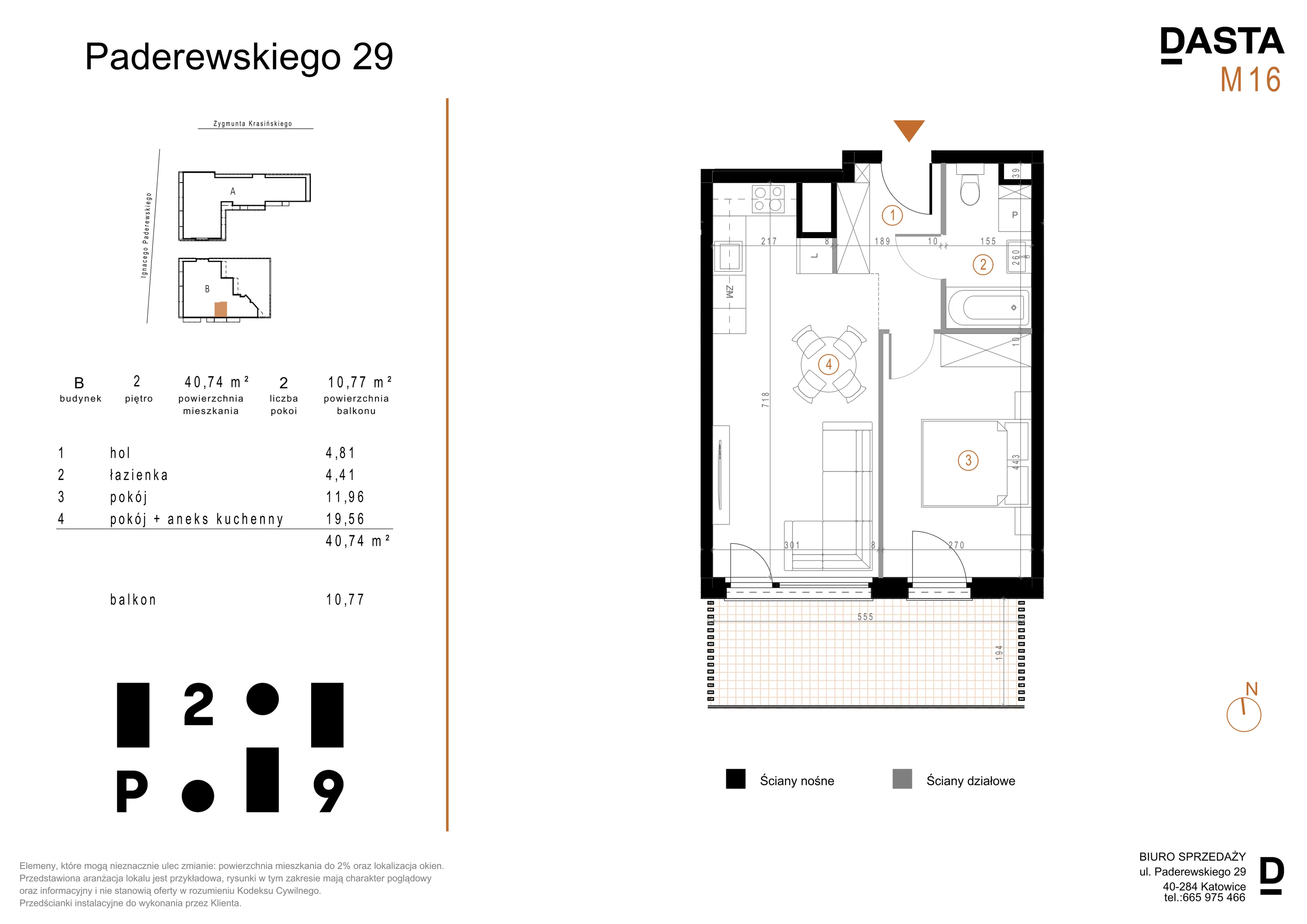 2 pokoje, mieszkanie 40,74 m², piętro 2, oferta nr B16, Paderewskiego 29, Katowice, Osiedle Paderewskiego-Muchowiec, Dolina Trzech Stawów, ul. Ignacego Paderewskiego 29