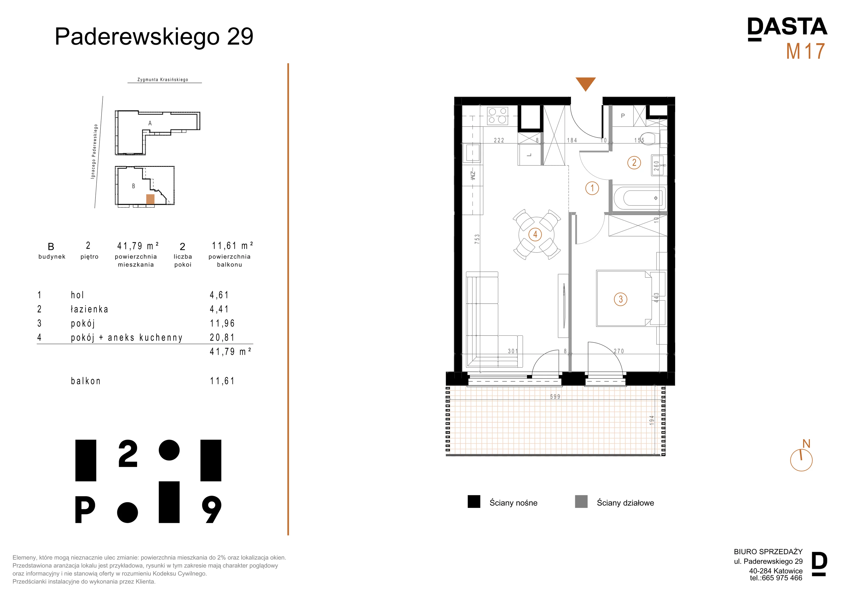 2 pokoje, mieszkanie 41,79 m², piętro 2, oferta nr B17, Paderewskiego 29, Katowice, Osiedle Paderewskiego-Muchowiec, Dolina Trzech Stawów, ul. Ignacego Paderewskiego 29